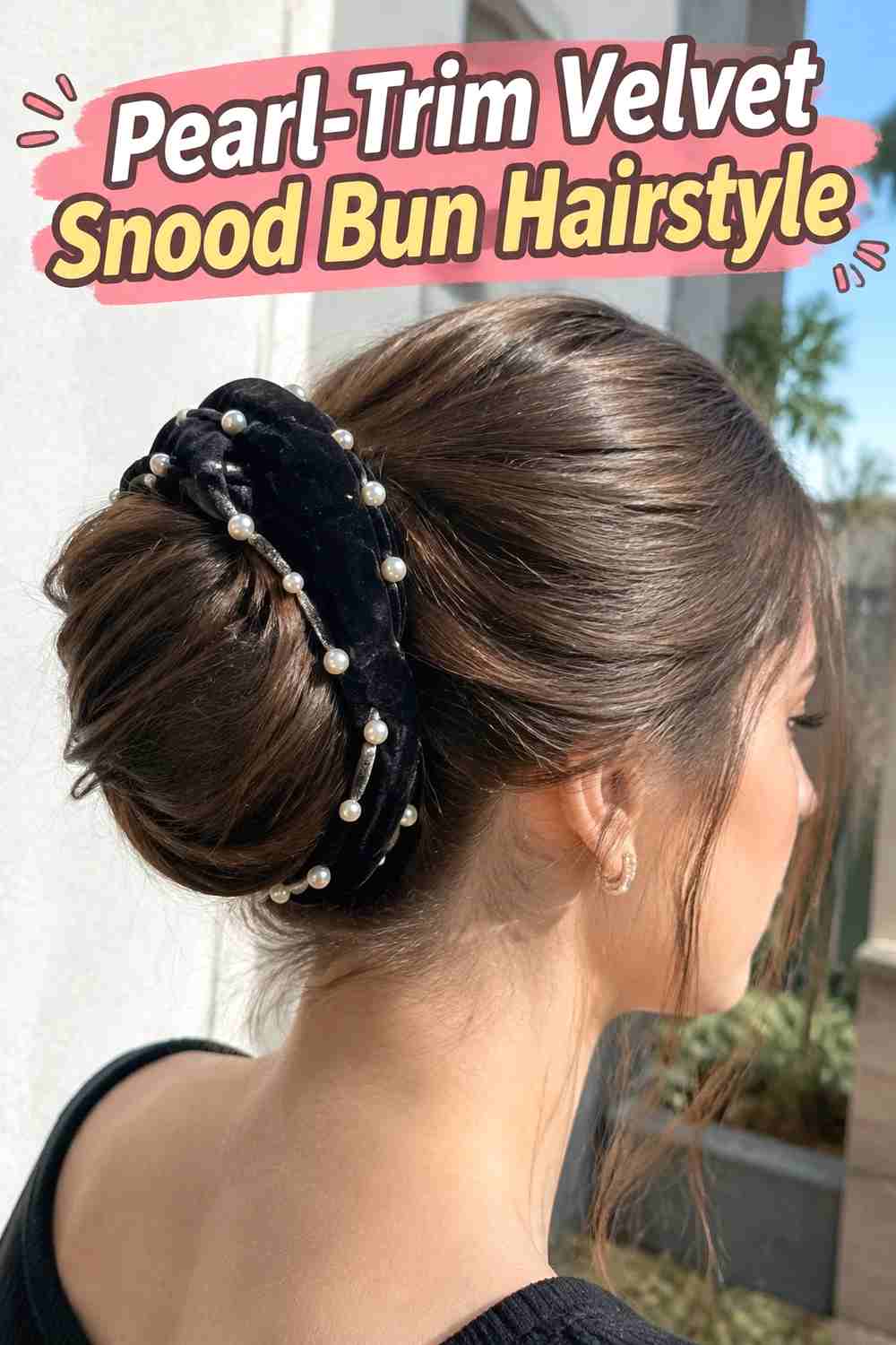 6. Pearl Trim Velvet Snood Bun Hairstyle