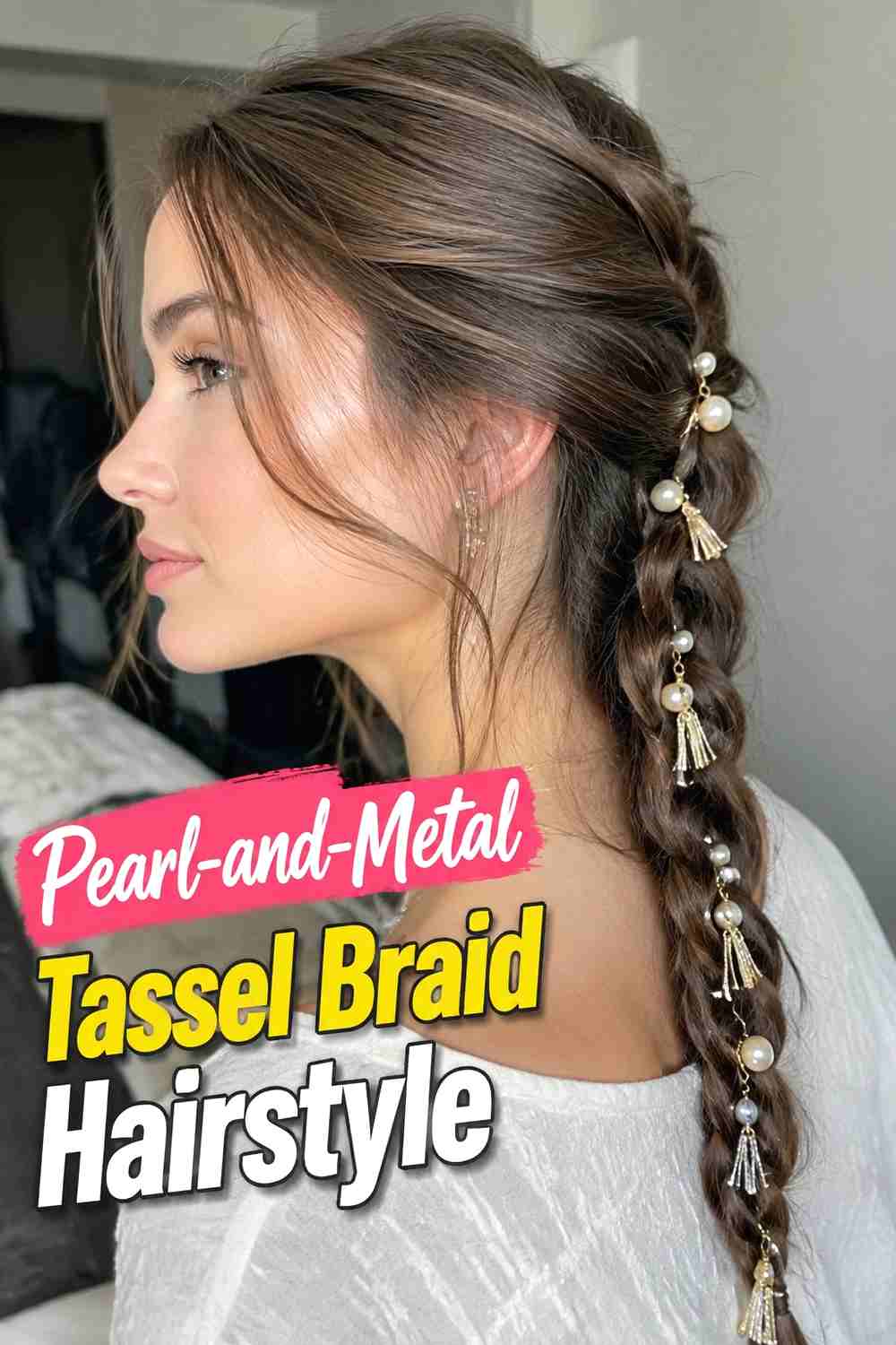 12. Pearl And Metal Tassel Braid Hairstyle
