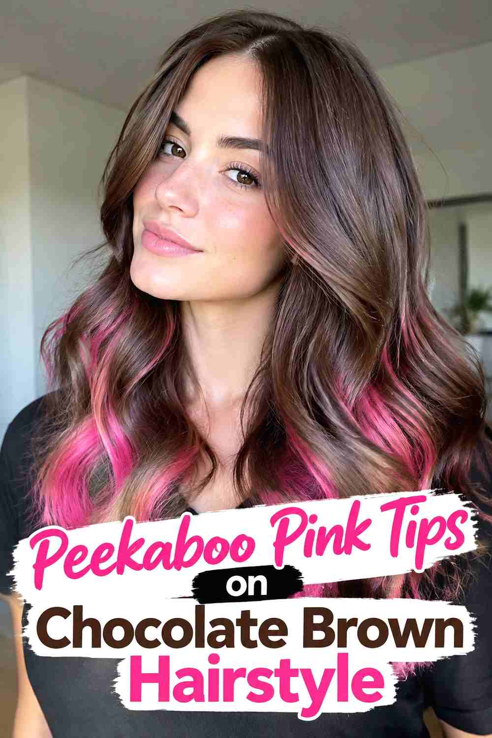 7. Peekaboo Pink Tips On Chocolate Brown Hairstyle