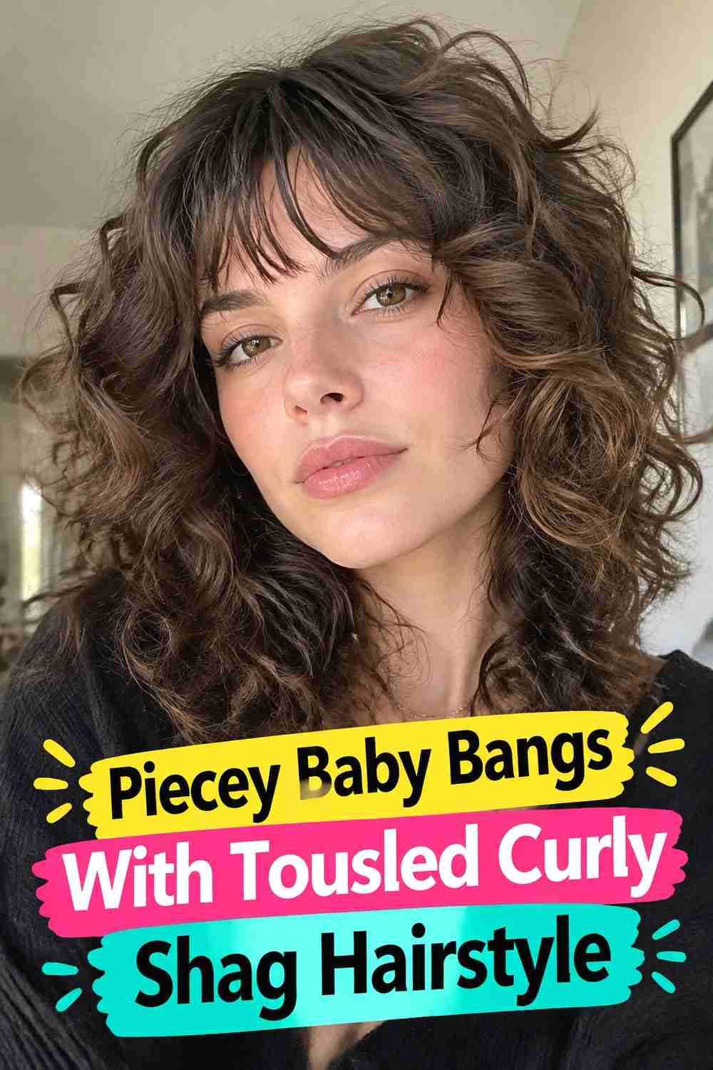 6. Piecey Baby Bangs With Tousled Curly Shag Hairstyle