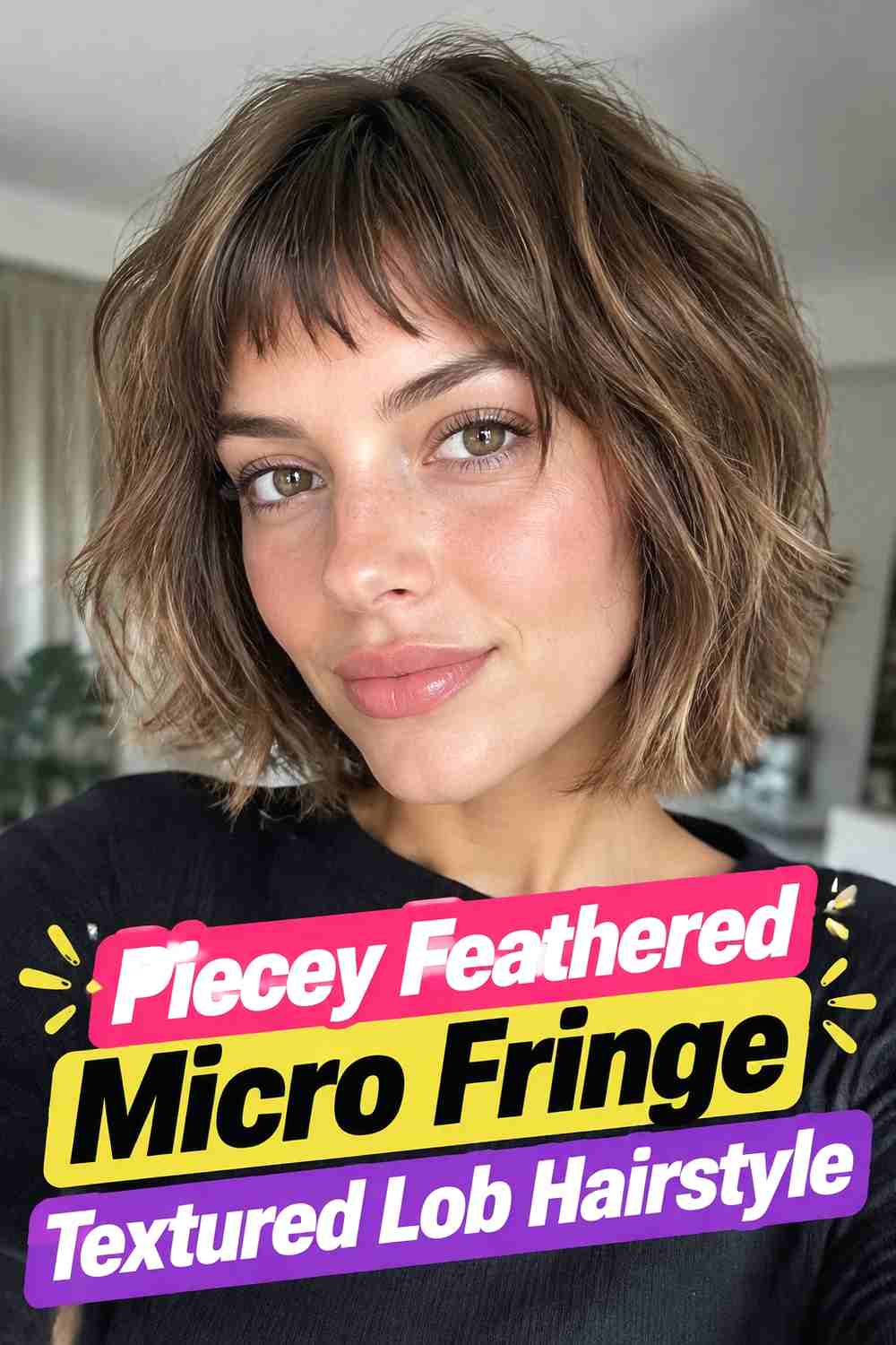 11. Piecey Feathered Micro Fringe Textured Lob Hairstyle