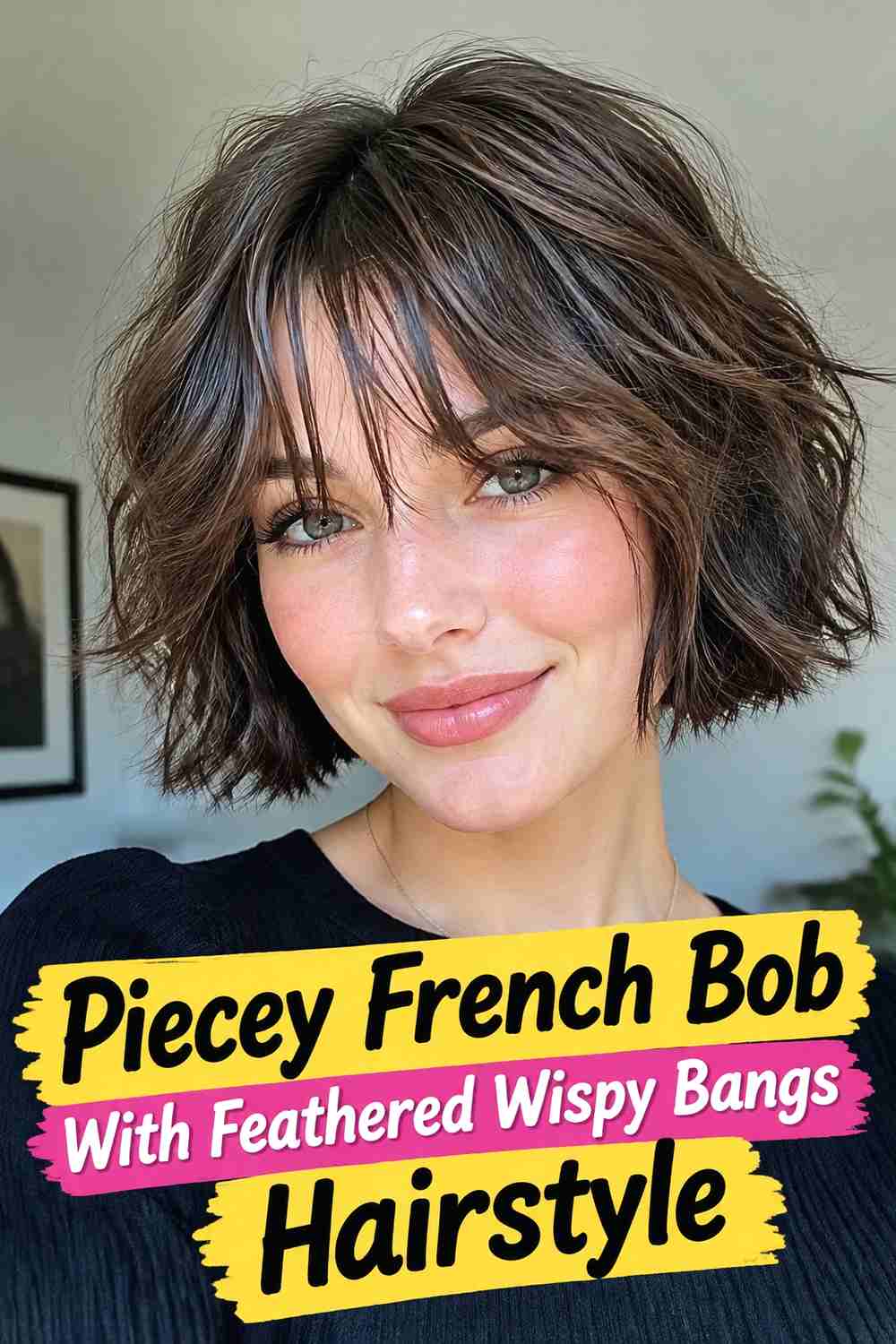 3. Piecey French Bob With Feathered Wispy Bangs Hairstyle