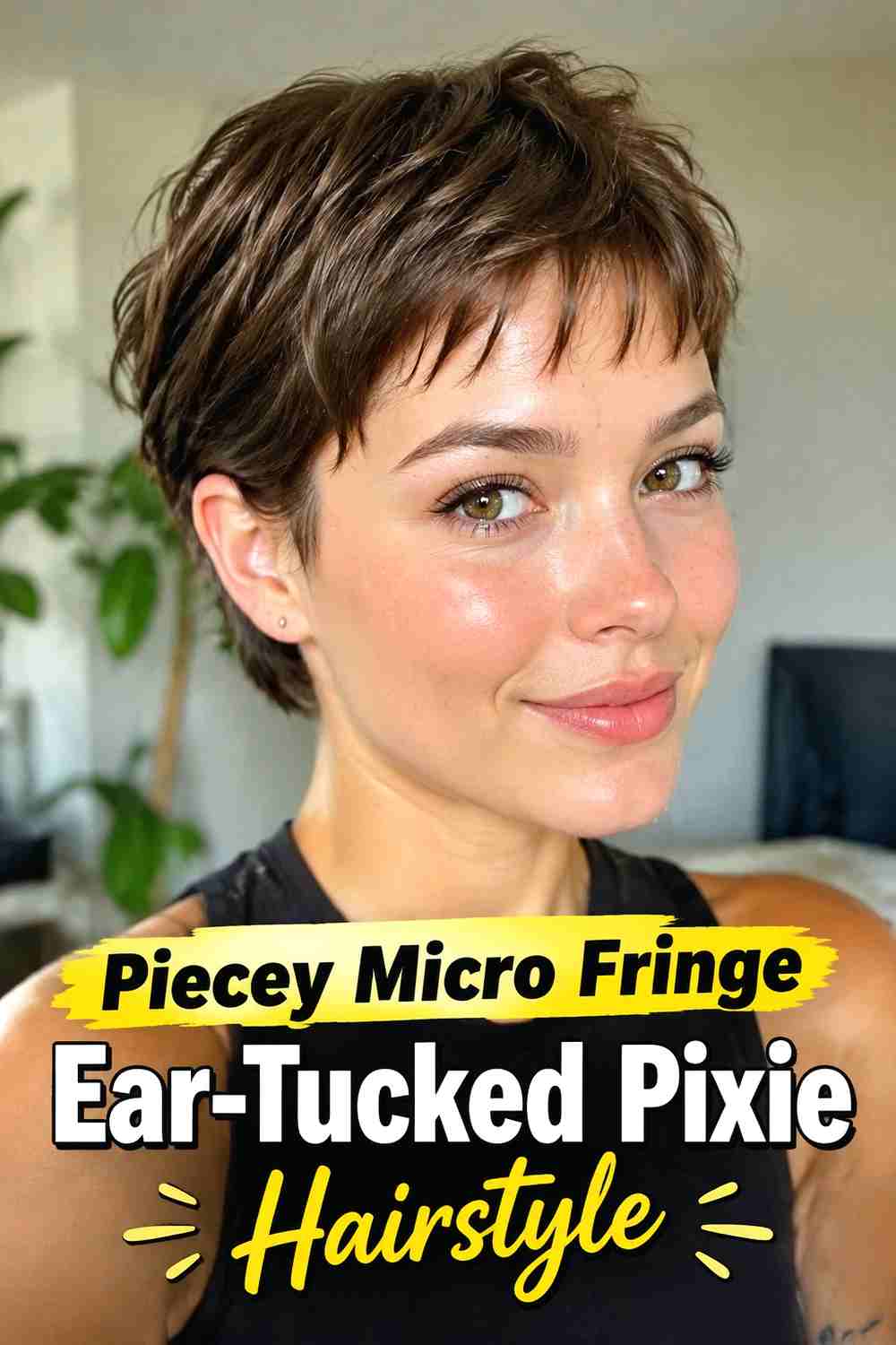15. Piecey Micro Fringe Ear Tucked Pixie Hairstyle