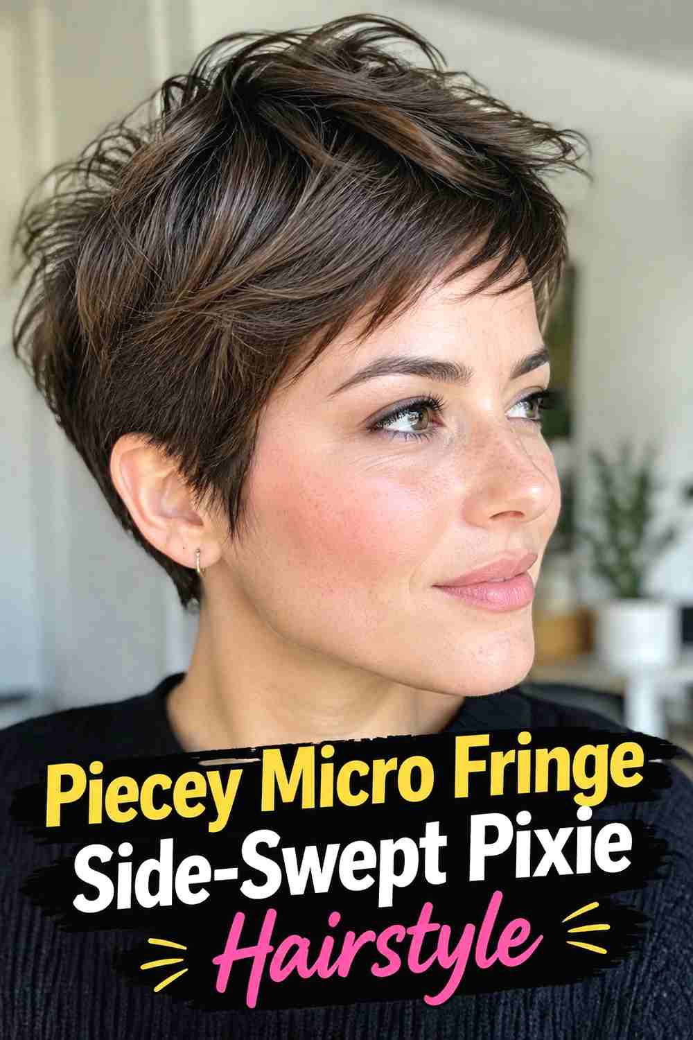 13. Piecey Micro Fringe Side Swept Pixie Hairstyle