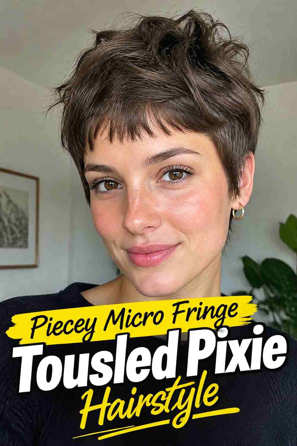 3. Piecey Micro Fringe Tousled Pixie Hairstyle