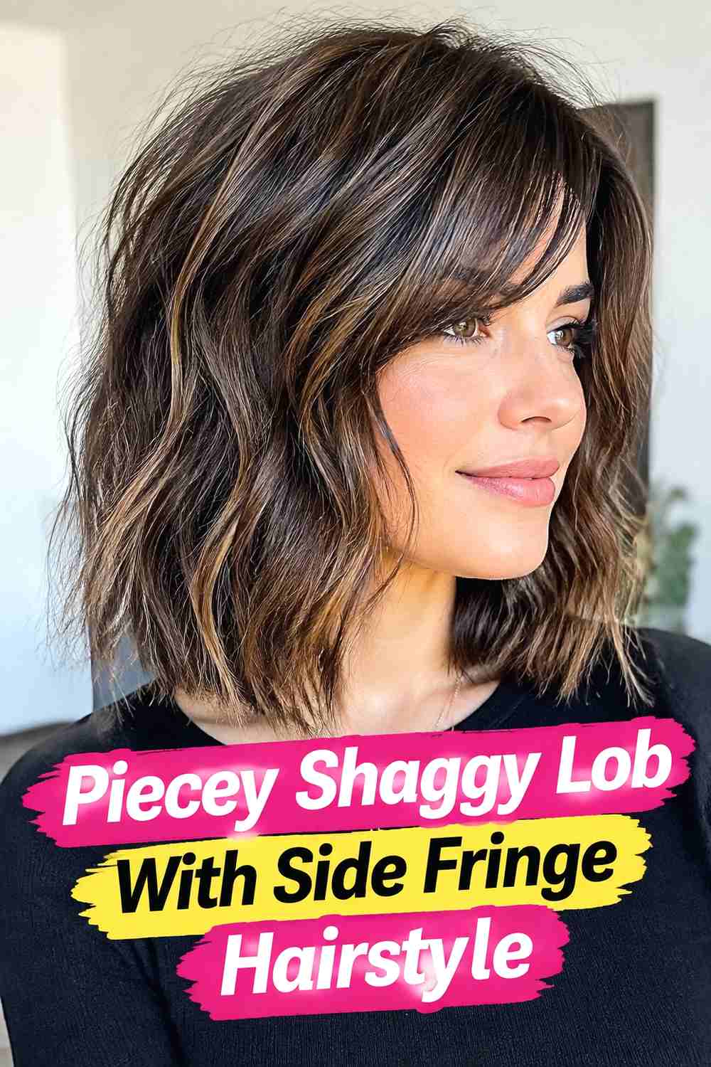 12. Piecey Shaggy Lob With Side Fringe Hairstyle