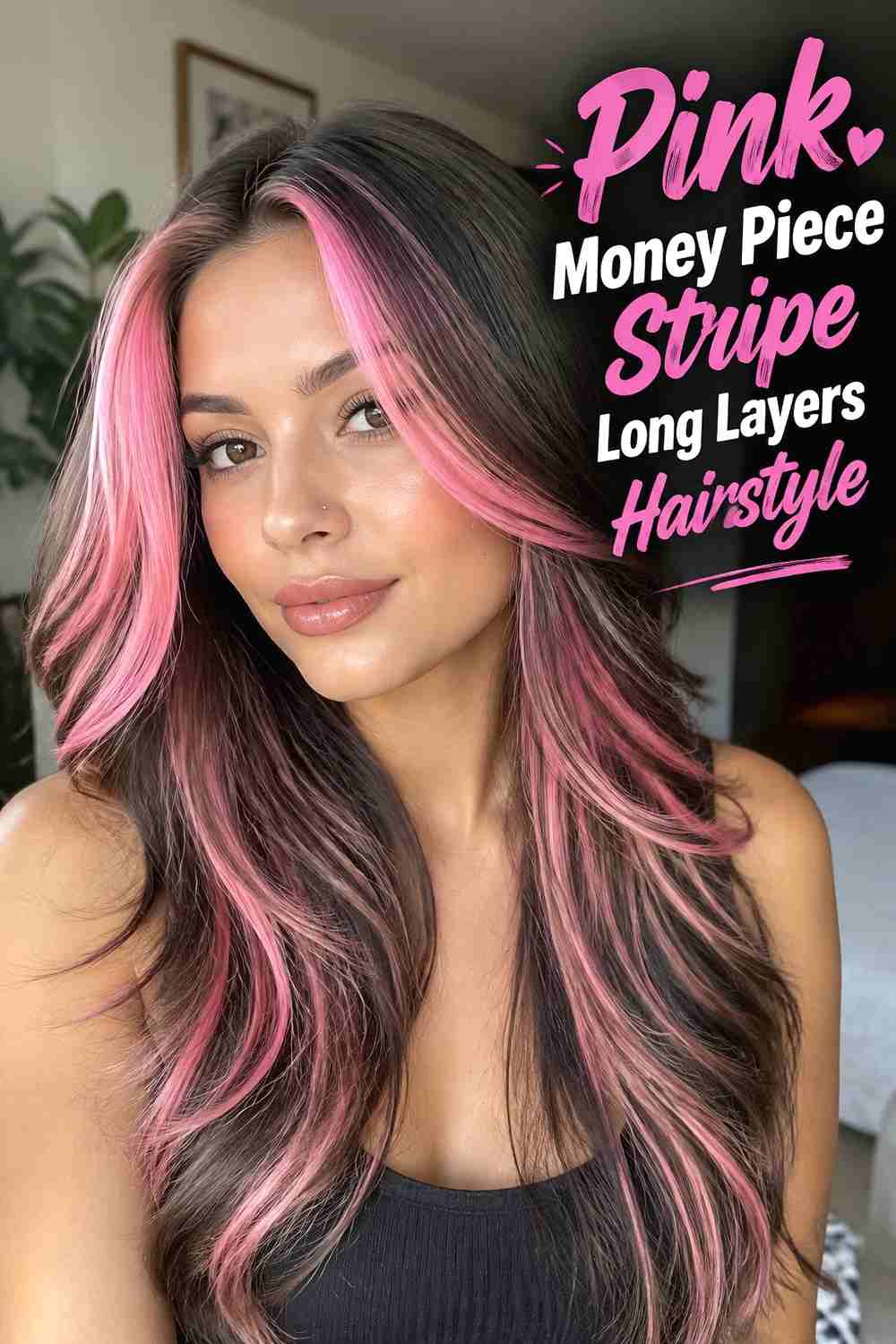 9. Pink Money Piece Stripe Long Layers Hairstyle