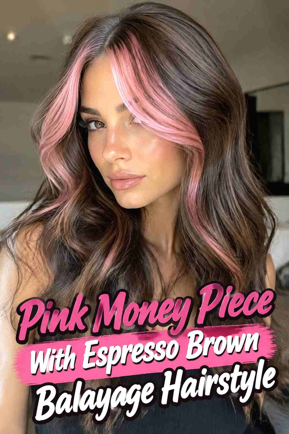 15. Pink Money Piece With Espresso Brown Balayage Hairstyle