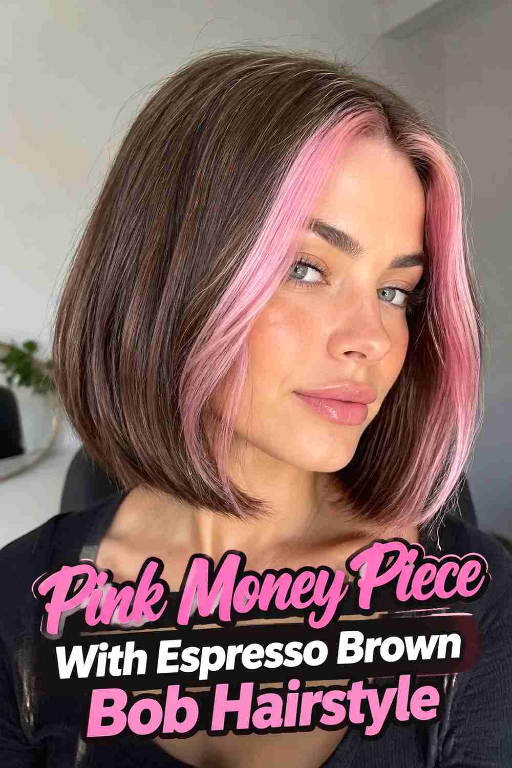 14. Pink Money Piece With Espresso Brown Bob Hairstyle