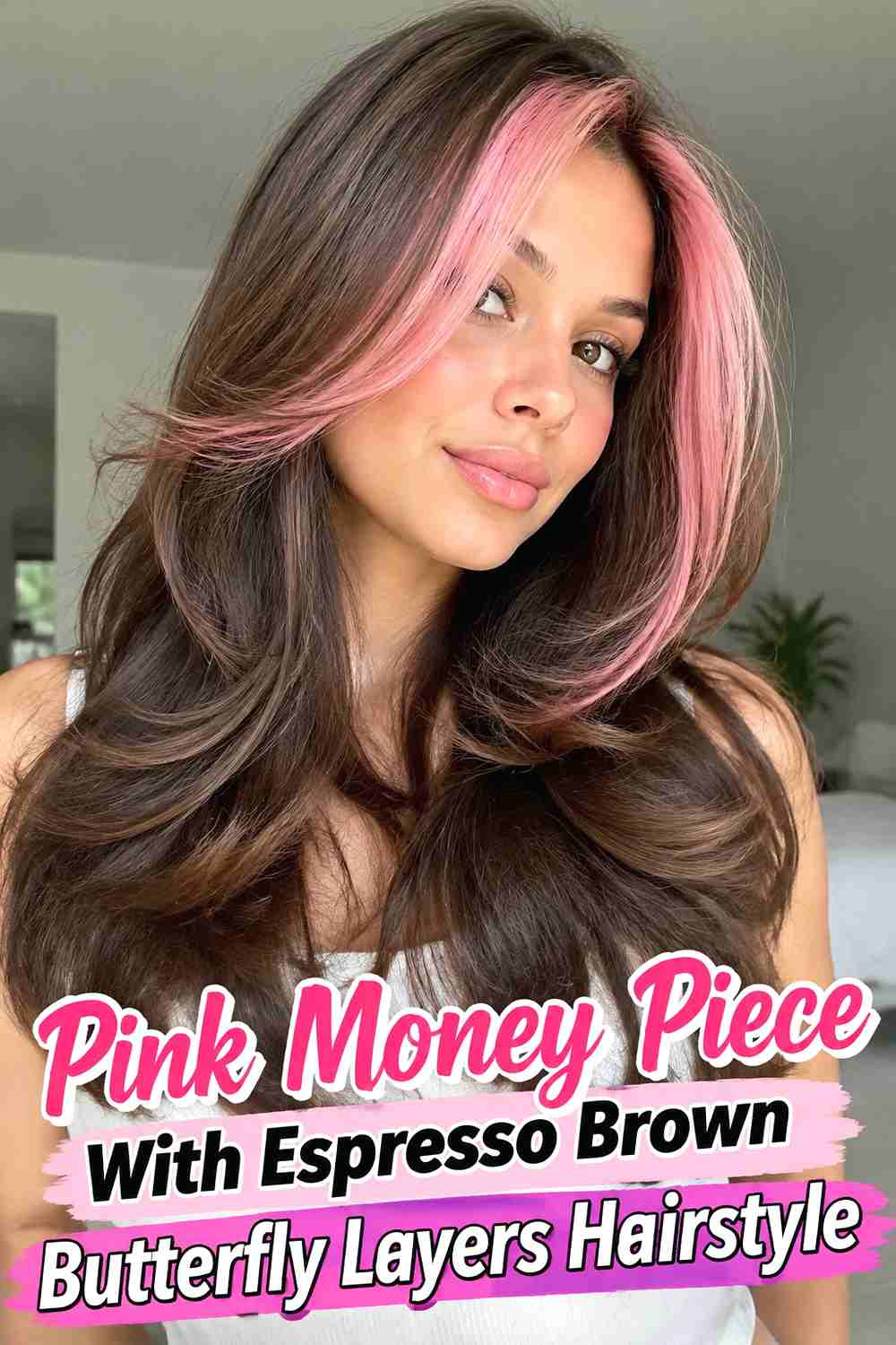 16. Pink Money Piece With Espresso Brown Butterfly Layers Hairstyle