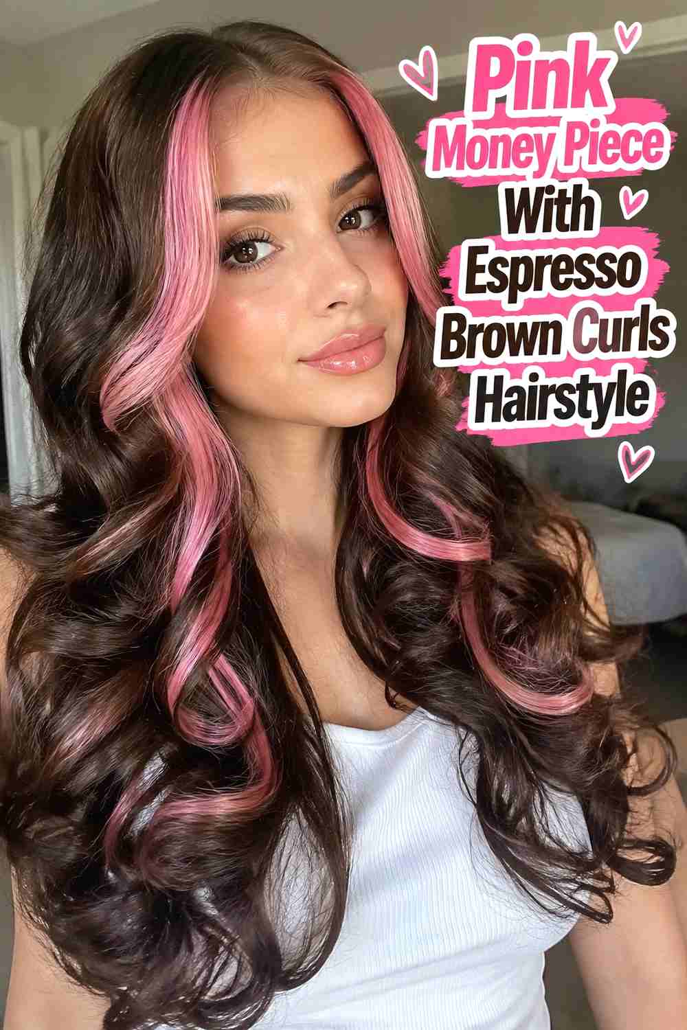 11. Pink Money Piece With Espresso Brown Curls Hairstyle