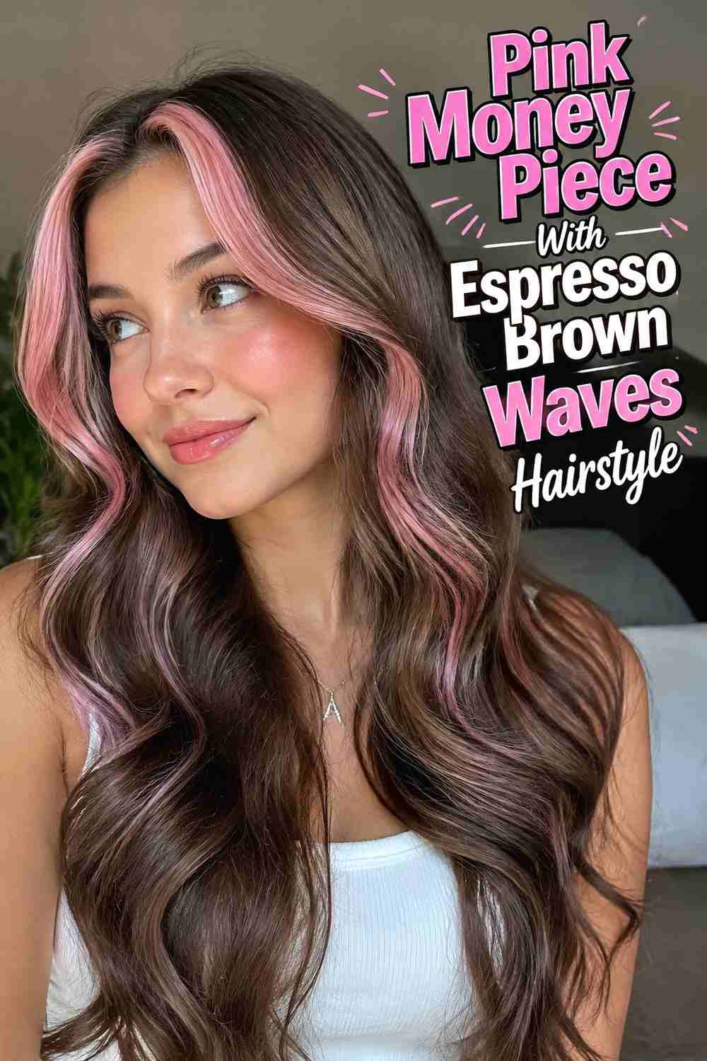 10. Pink Money Piece With Espresso Brown Waves Hairstyle