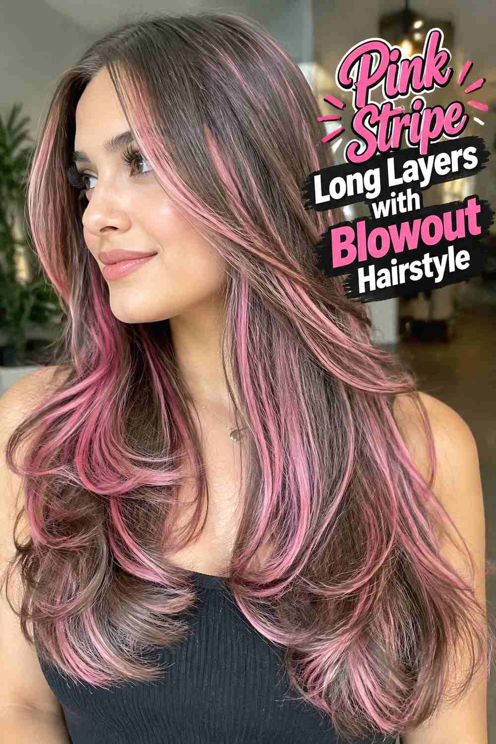 18. Pink Stripe Long Layers With Blowout Hairstyle