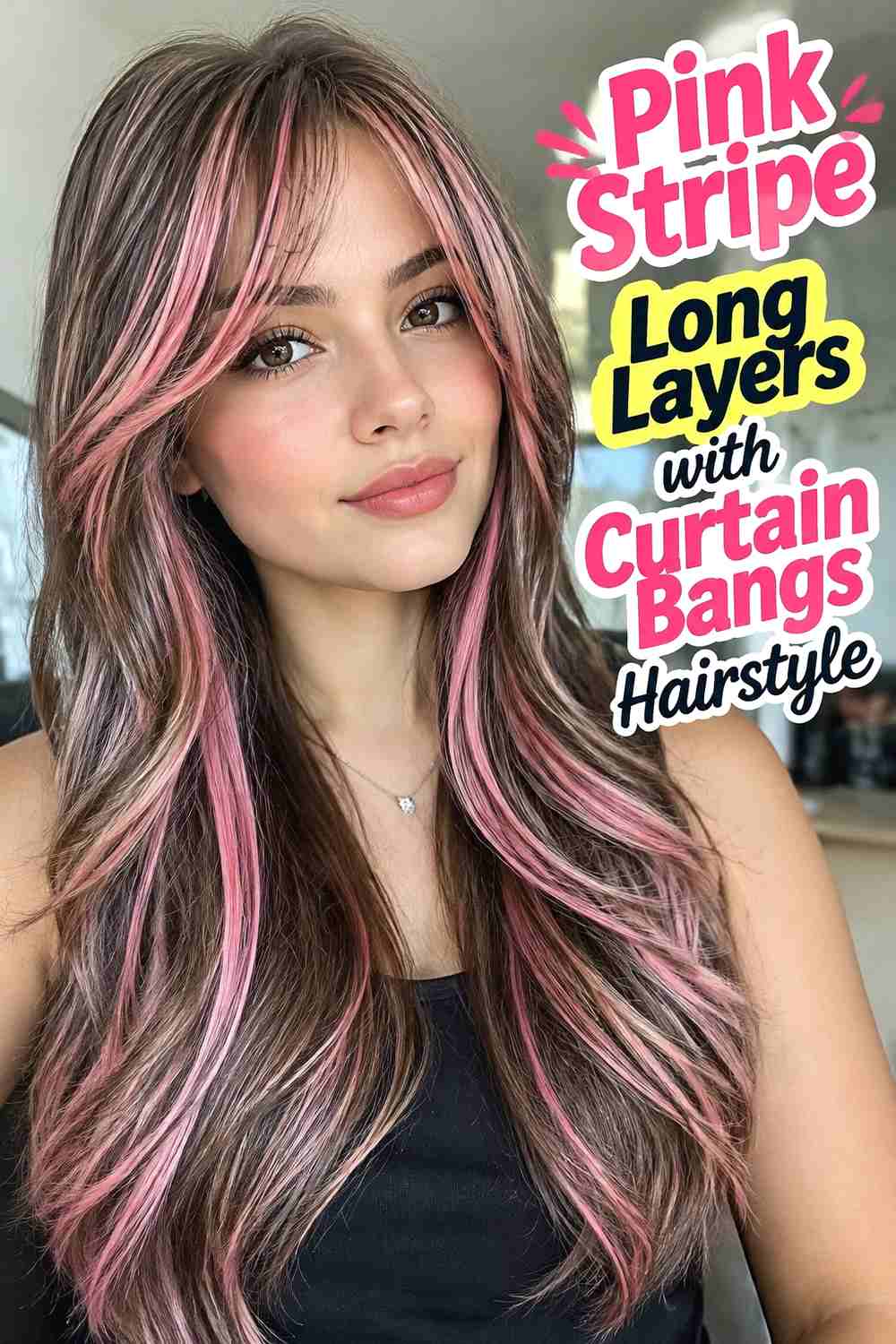 16. Pink Stripe Long Layers With Curtain Bangs Hairstyle