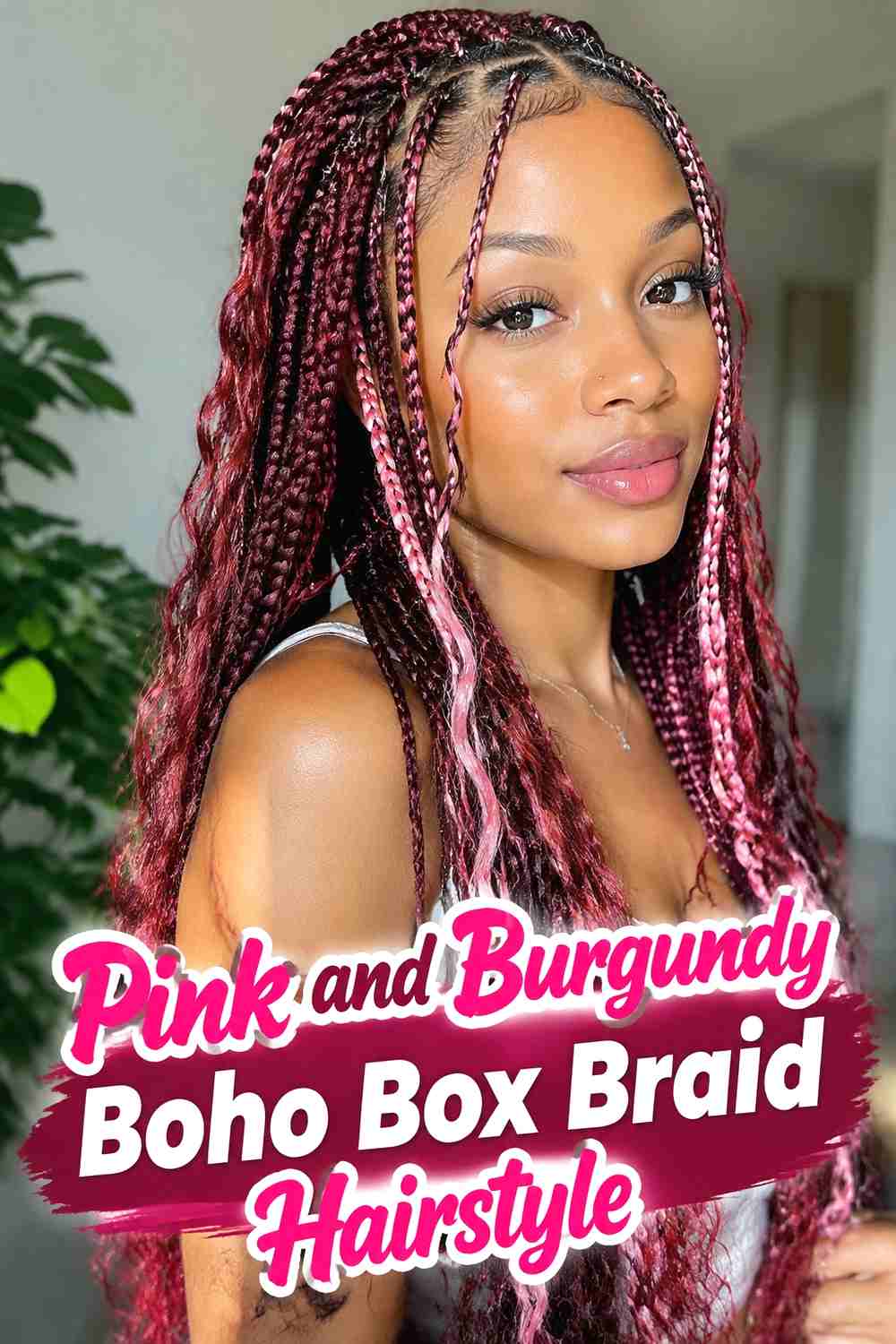 2. Pink And Burgundy Boho Box Braid Hairstyle