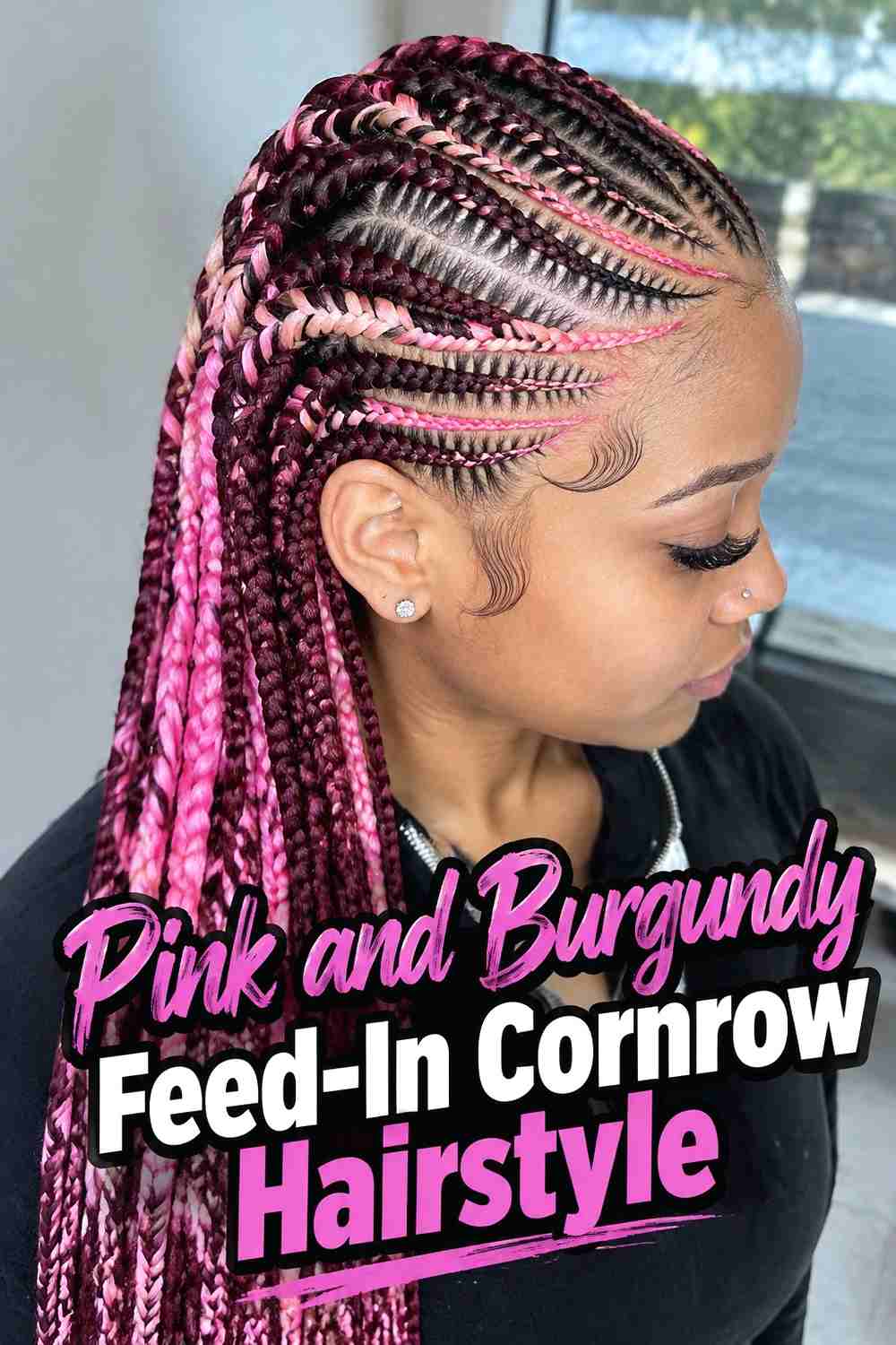 3. Pink And Burgundy Feed In Cornrow Hairstyle