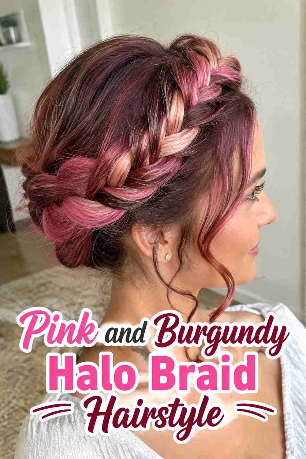8. Pink And Burgundy Halo Braid Hairstyle
