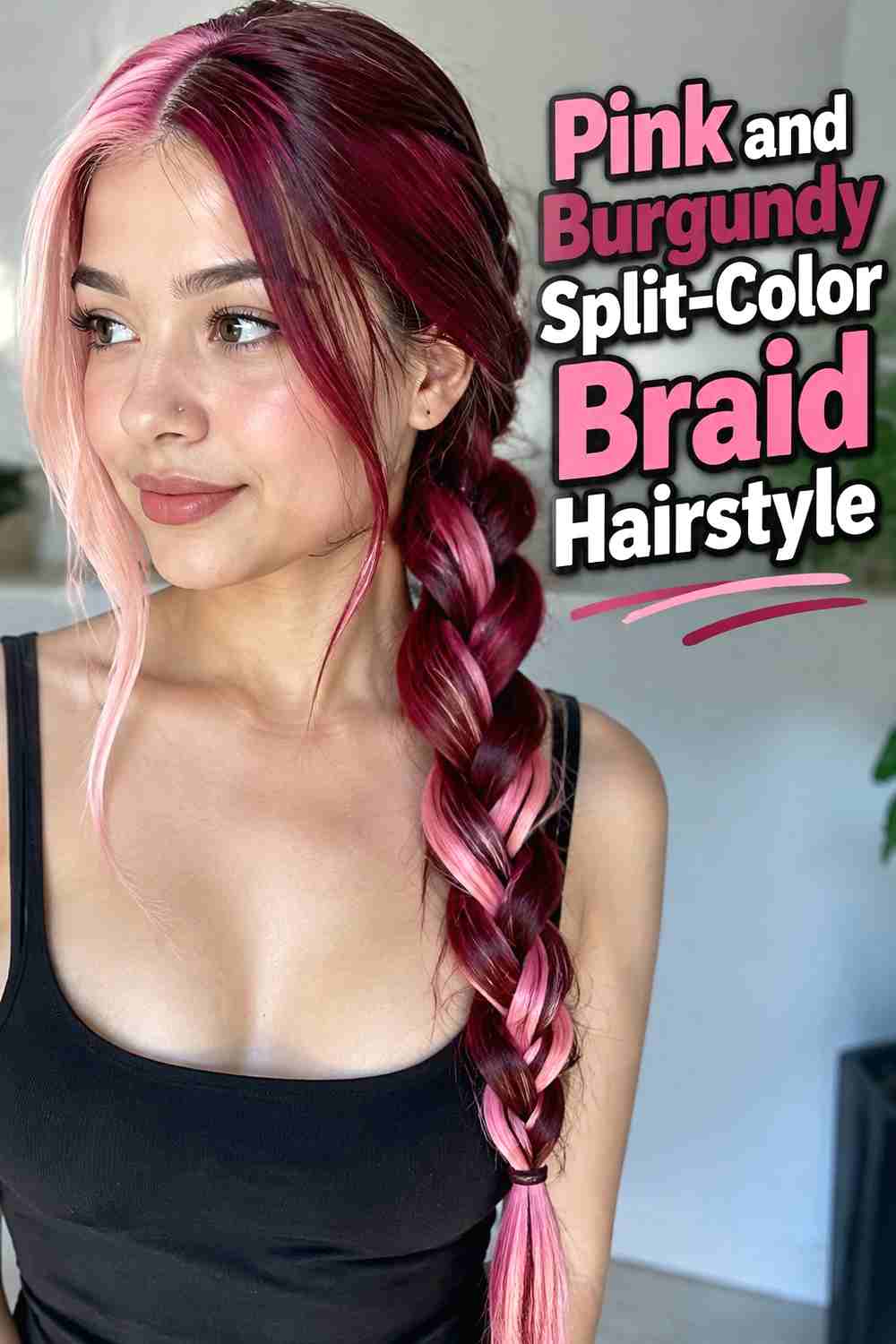 18. Pink And Burgundy Split Color Braid Hairstyle