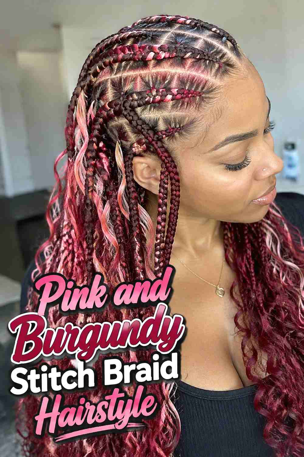13. Pink And Burgundy Stitch Braid Hairstyle