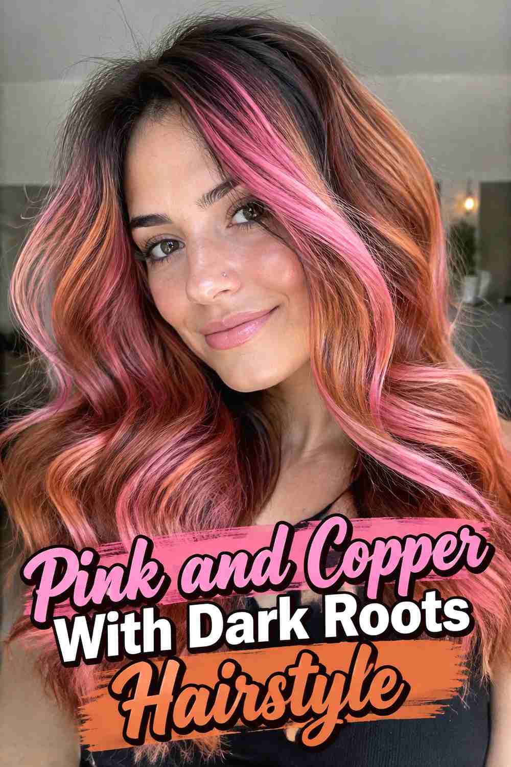 18. Pink And Copper With Dark Roots Hairstyle