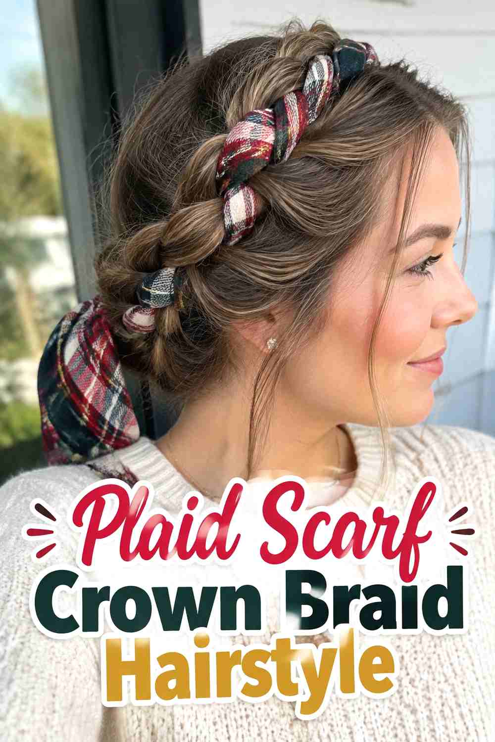 8. Plaid Scarf Crown Braid Hairstyle