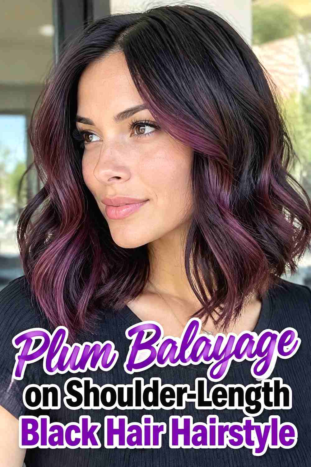 11. Plum Balayage On Shoulder Length Black Hair Hairstyle