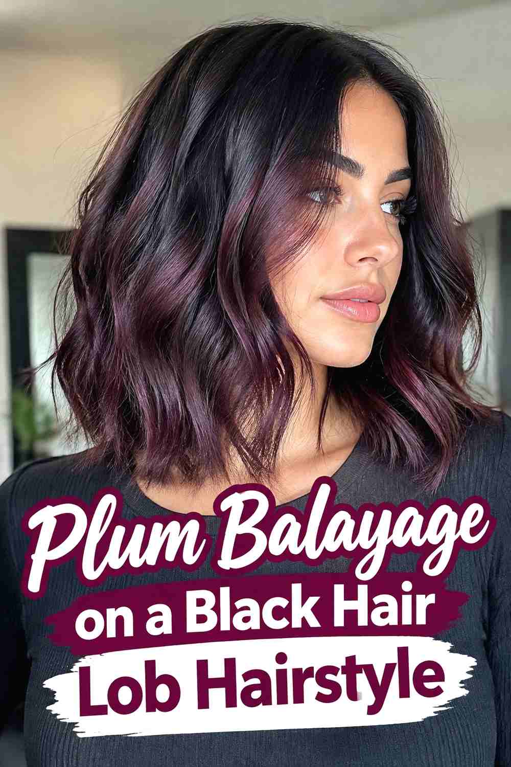 12. Plum Balayage On A Black Hair Lob Hairstyle