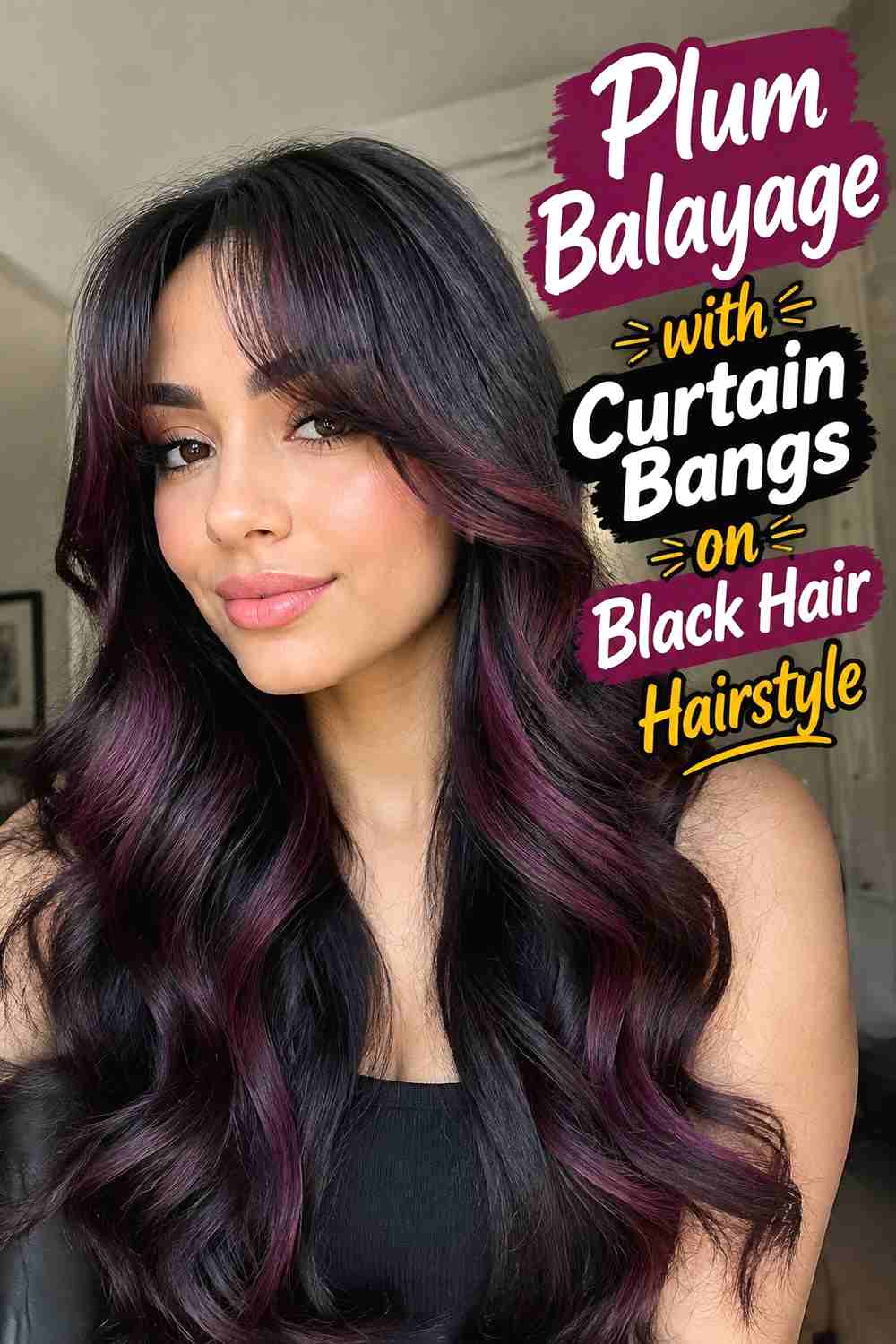 9. Plum Balayage With Curtain Bangs On Black Hair Hairstyle