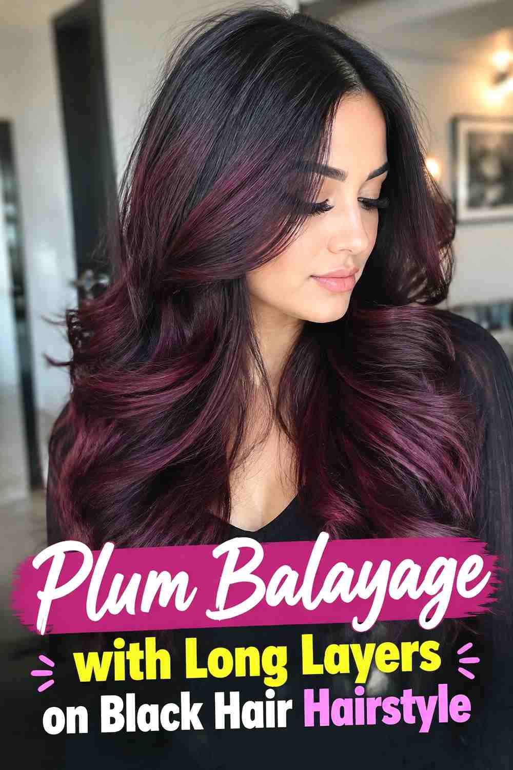 7. Plum Balayage With Long Layers On Black Hair Hairstyle