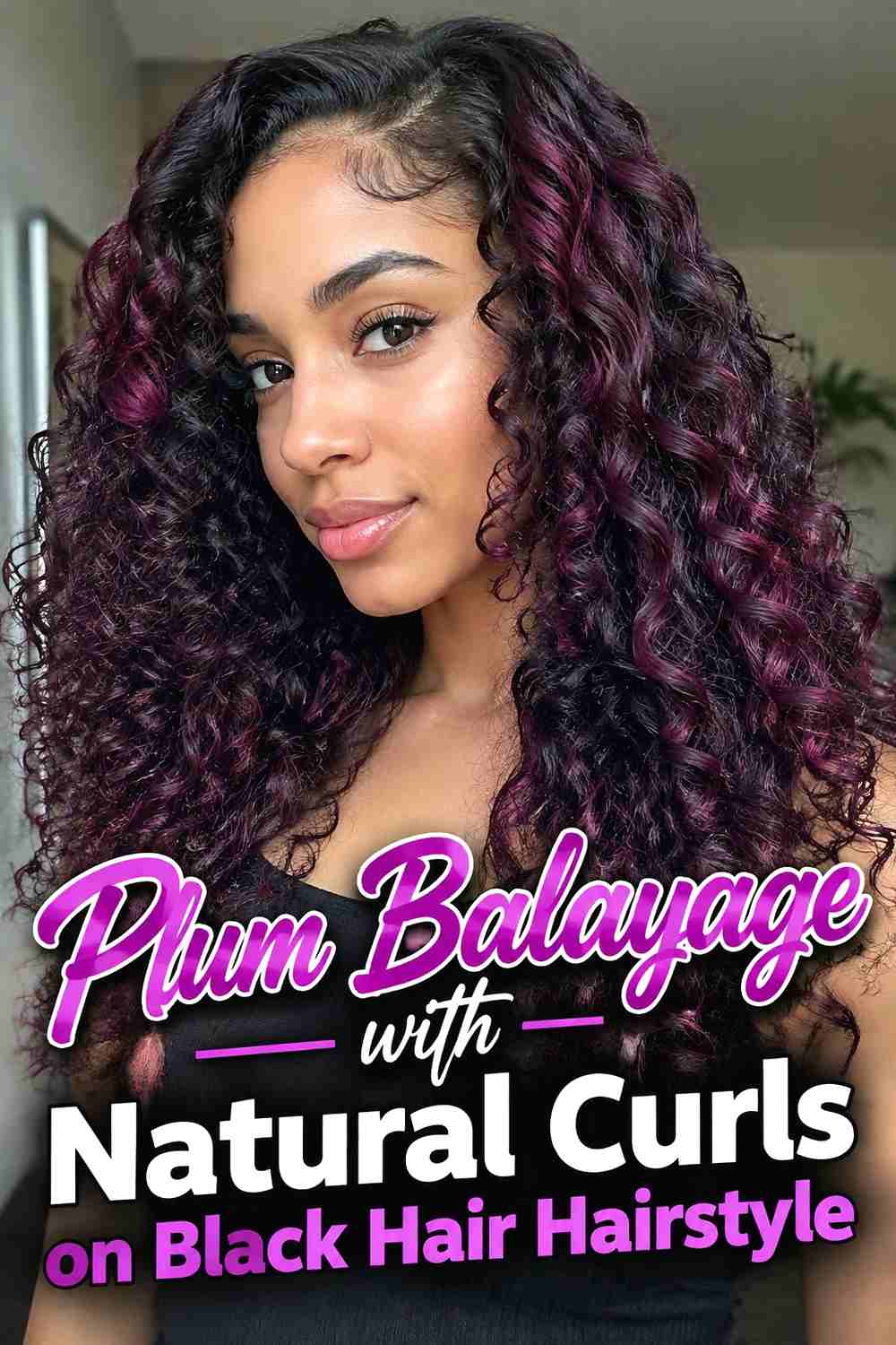 13. Plum Balayage With Natural Curls On Black Hair Hairstyle