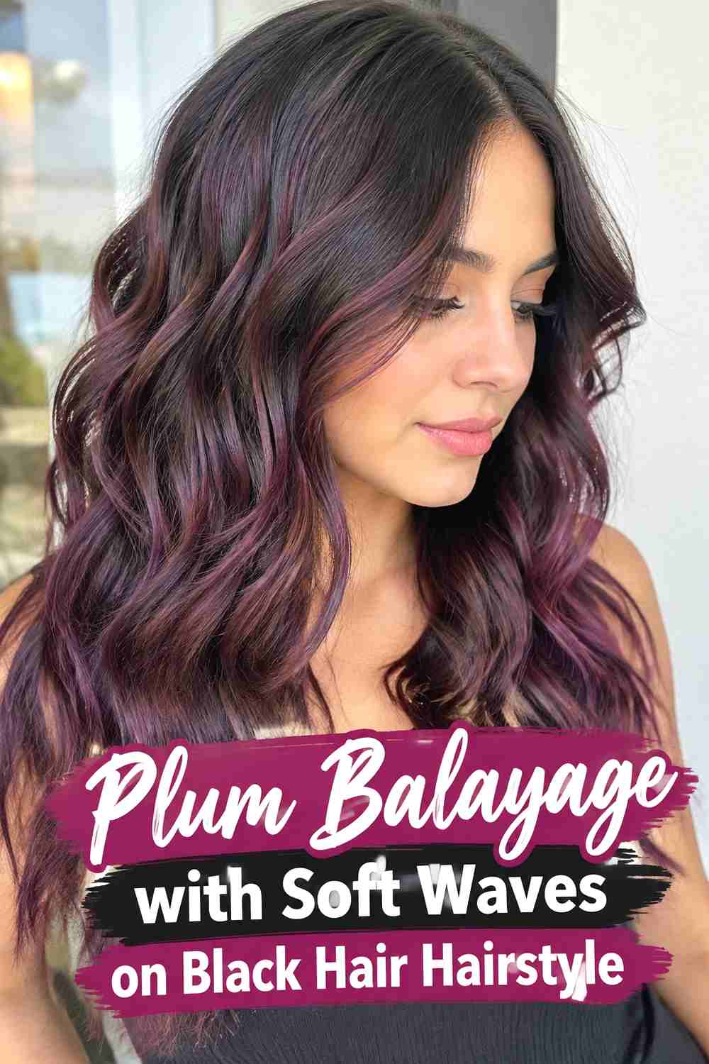 8. Plum Balayage With Soft Waves On Black Hair Hairstyle