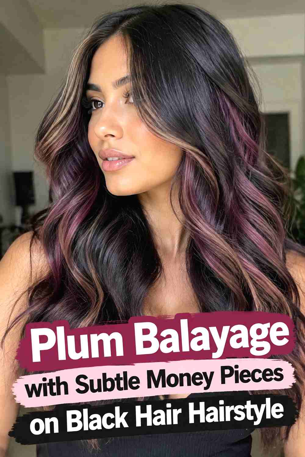 18. Plum Balayage With Subtle Money Pieces On Black Hair Hairstyle