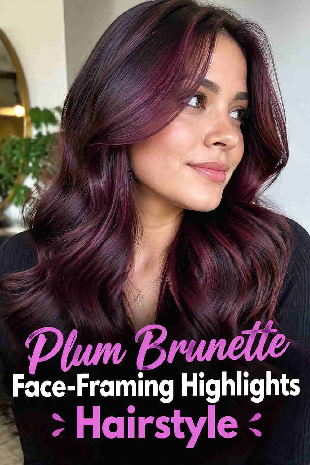 3. Plum Brunette Face Framing Highlights Hairstyle