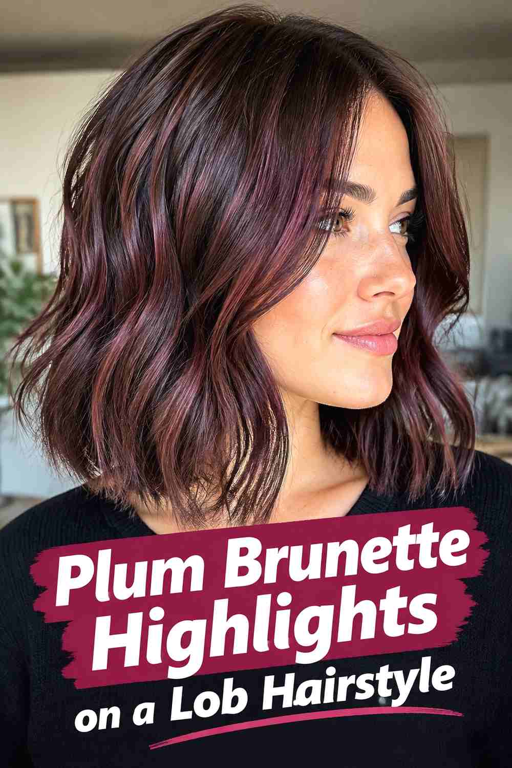 10. Plum Brunette Highlights On A Lob Hairstyle