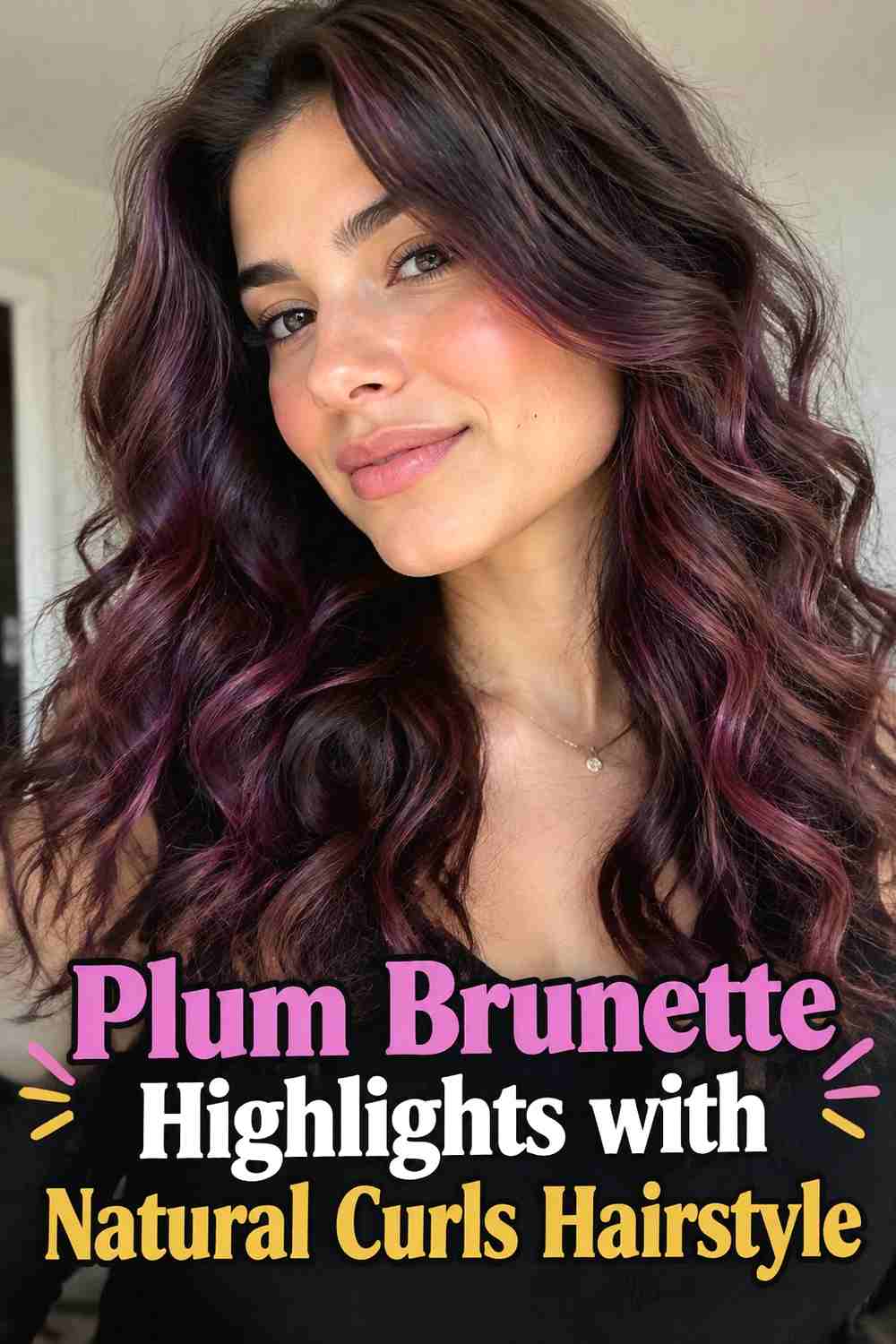 13. Plum Brunette Highlights With Natural Curls Hairstyle