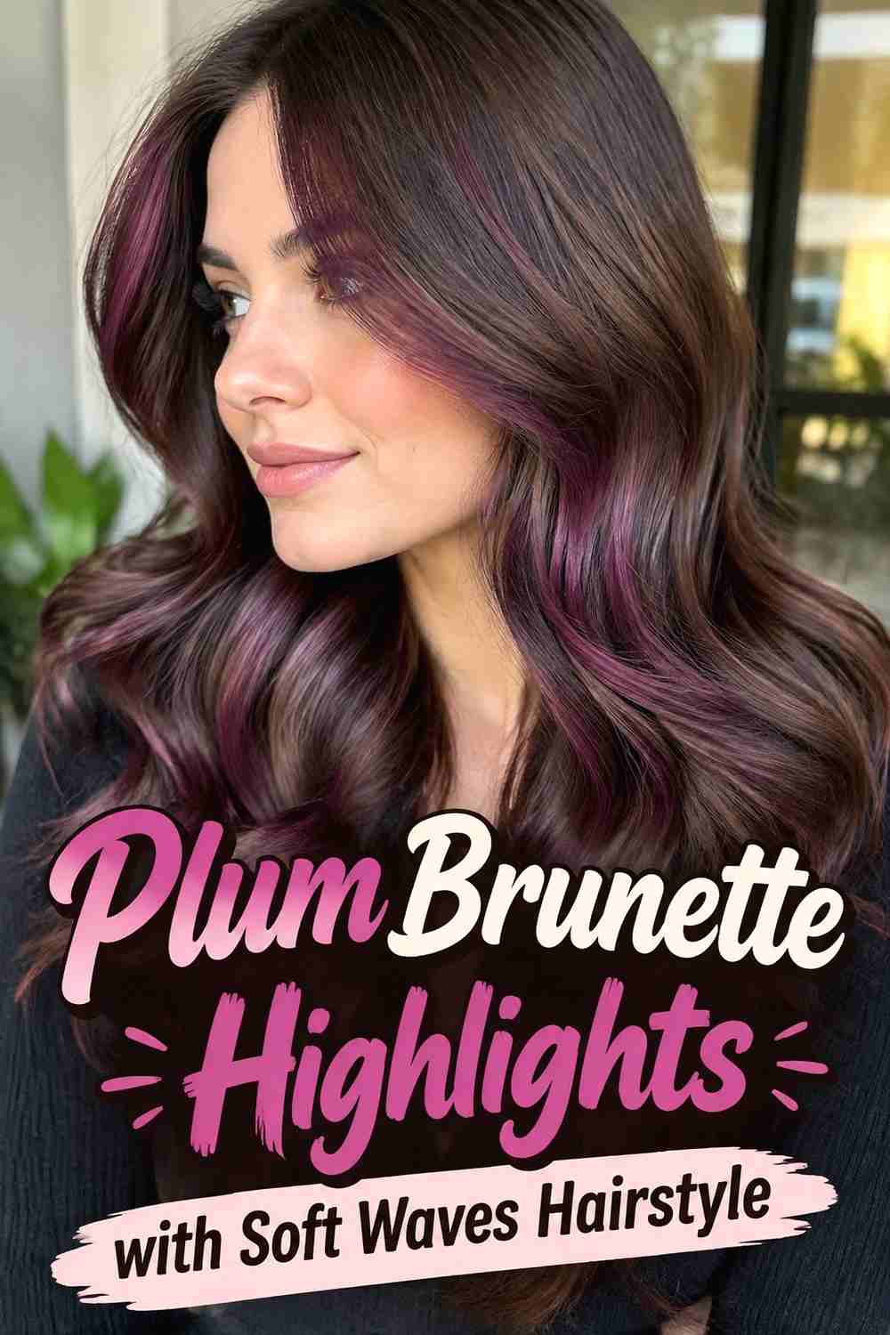 8. Plum Brunette Highlights With Soft Waves Hairstyle
