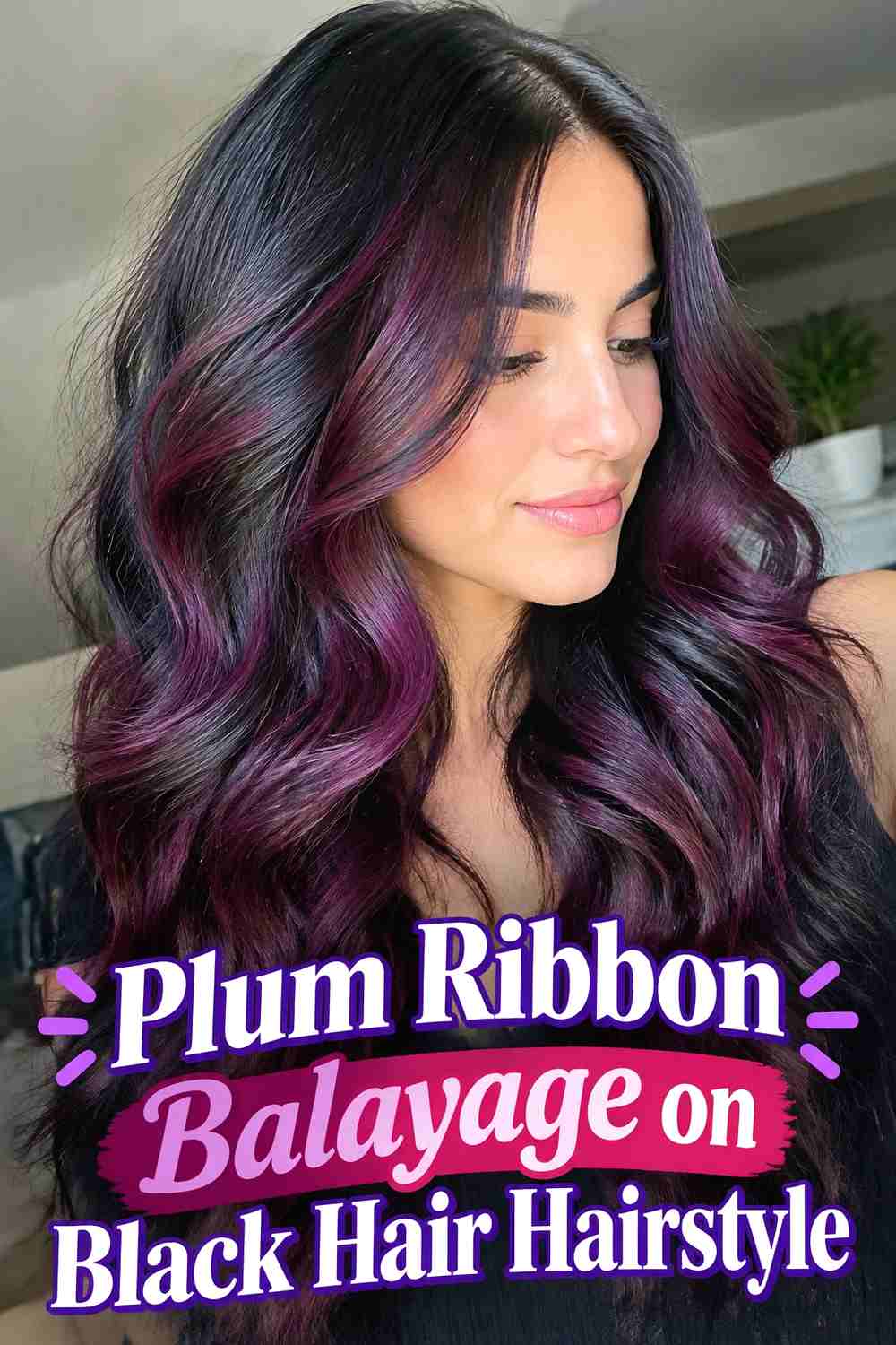 6. Plum Ribbon Balayage On Black Hair Hairstyle