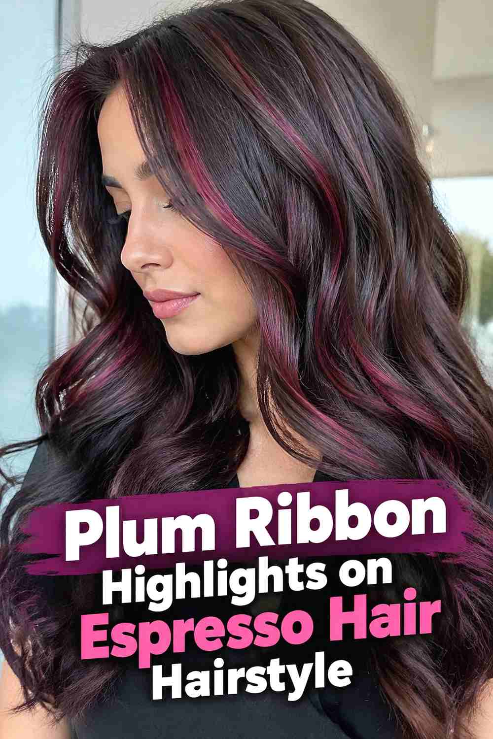 5. Plum Ribbon Highlights On Espresso Hair Hairstyle