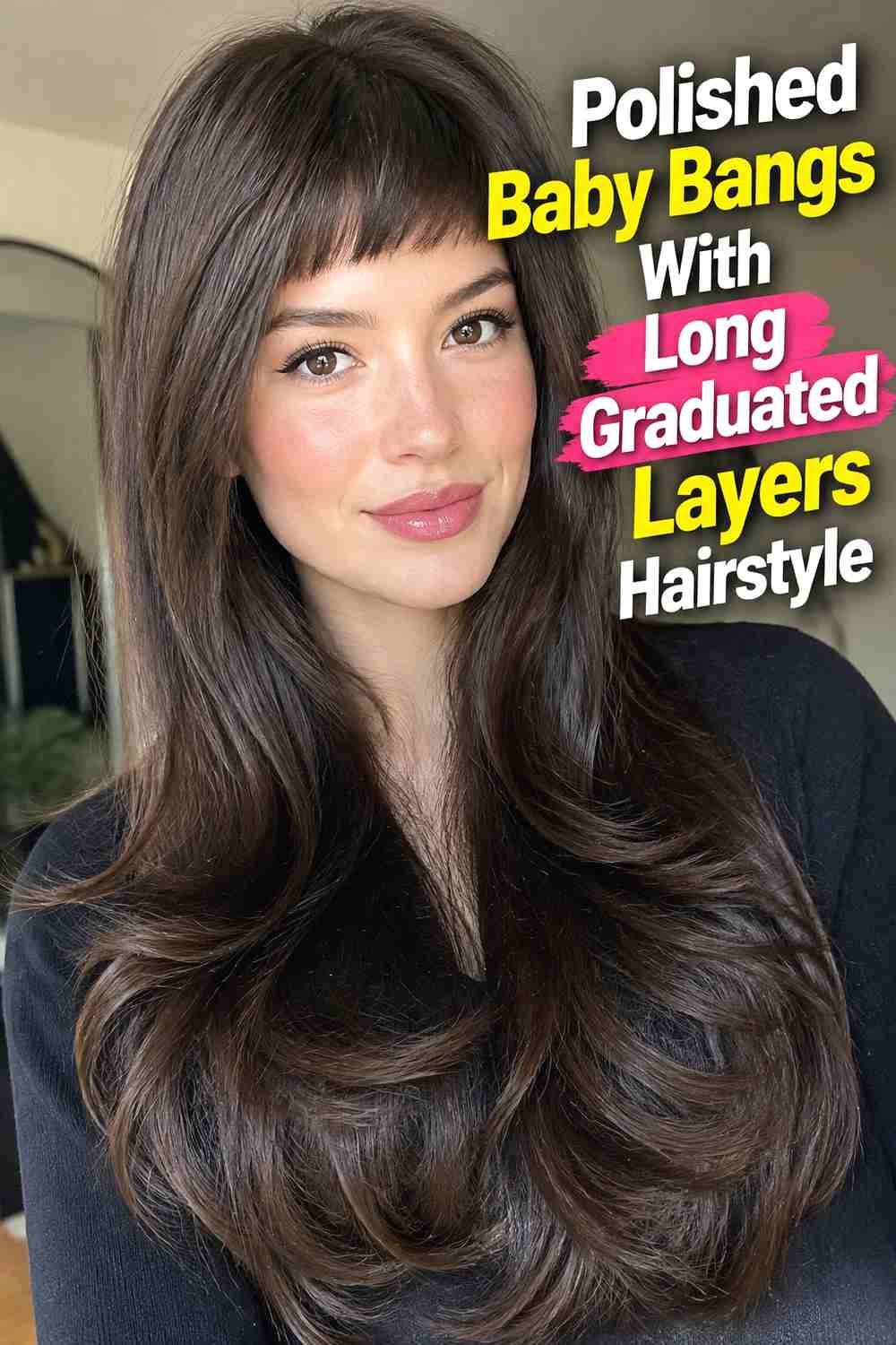 14. Polished Baby Bangs With Long Graduated Layers Hairstyle