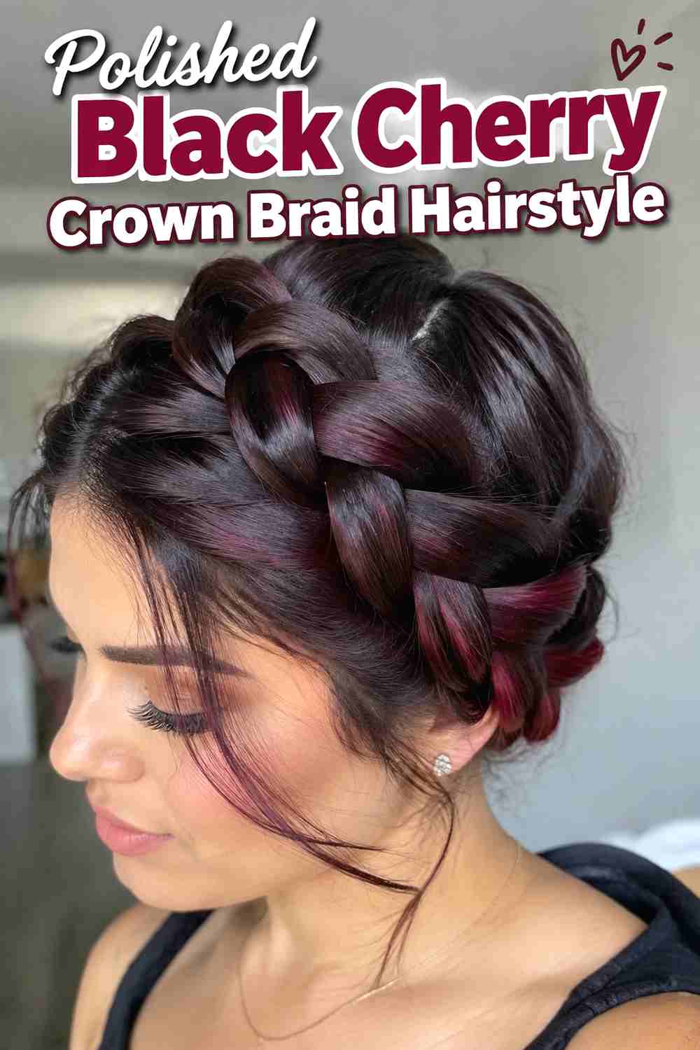 14. Polished Black Cherry Crown Braid Hairstyle