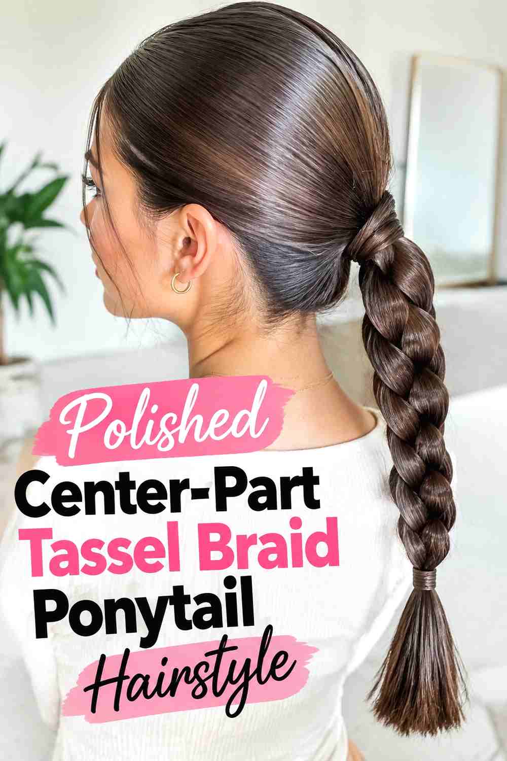 10. Polished Center Part Tassel Braid Ponytail Hairstyle