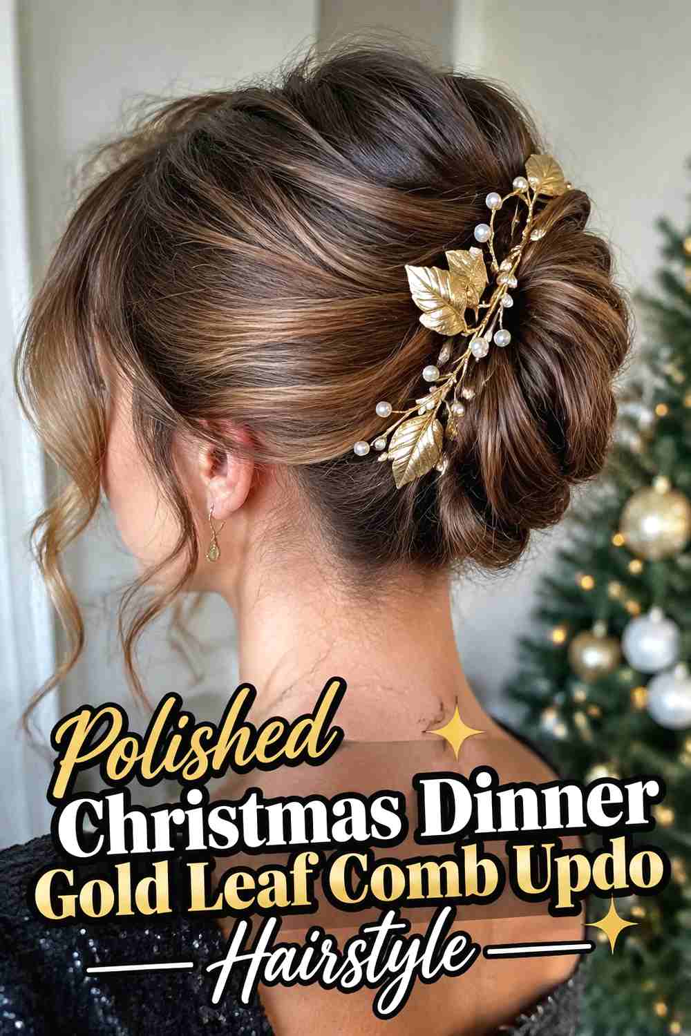 18. Polished Christmas Dinner Gold Leaf Comb Updo Hairstyle