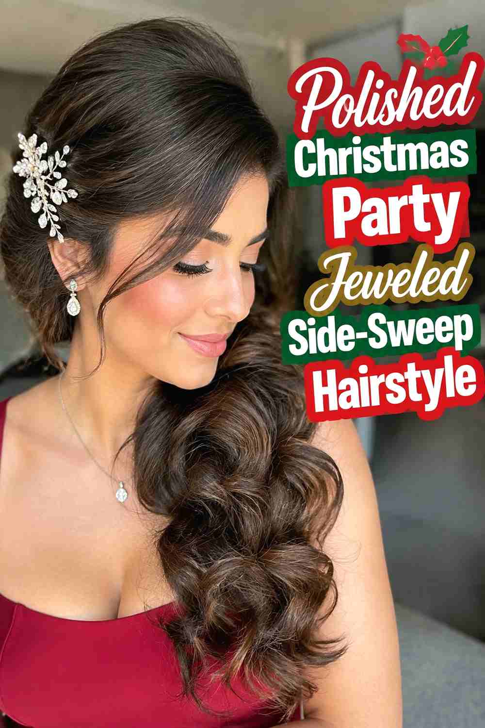 20. Polished Christmas Party Jeweled Side Sweep Hairstyle