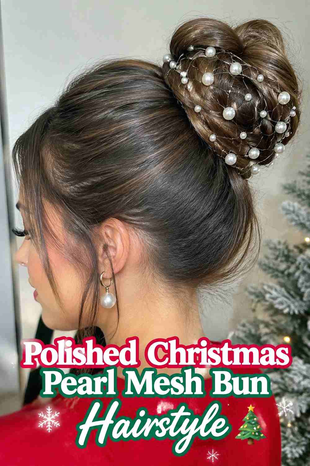 16. Polished Christmas Pearl Mesh Bun Hairstyle