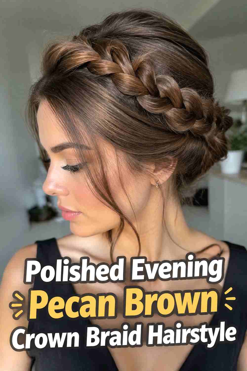 17. Polished Evening Pecan Brown Crown Braid Hairstyle
