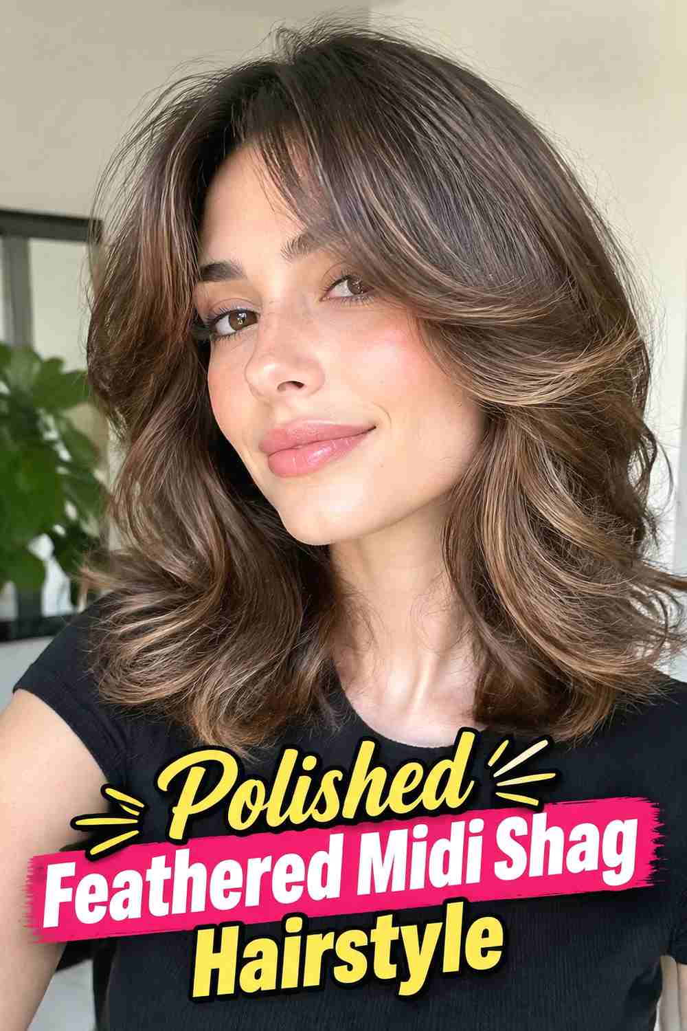 20. Polished Feathered Midi Shag Hairstyle