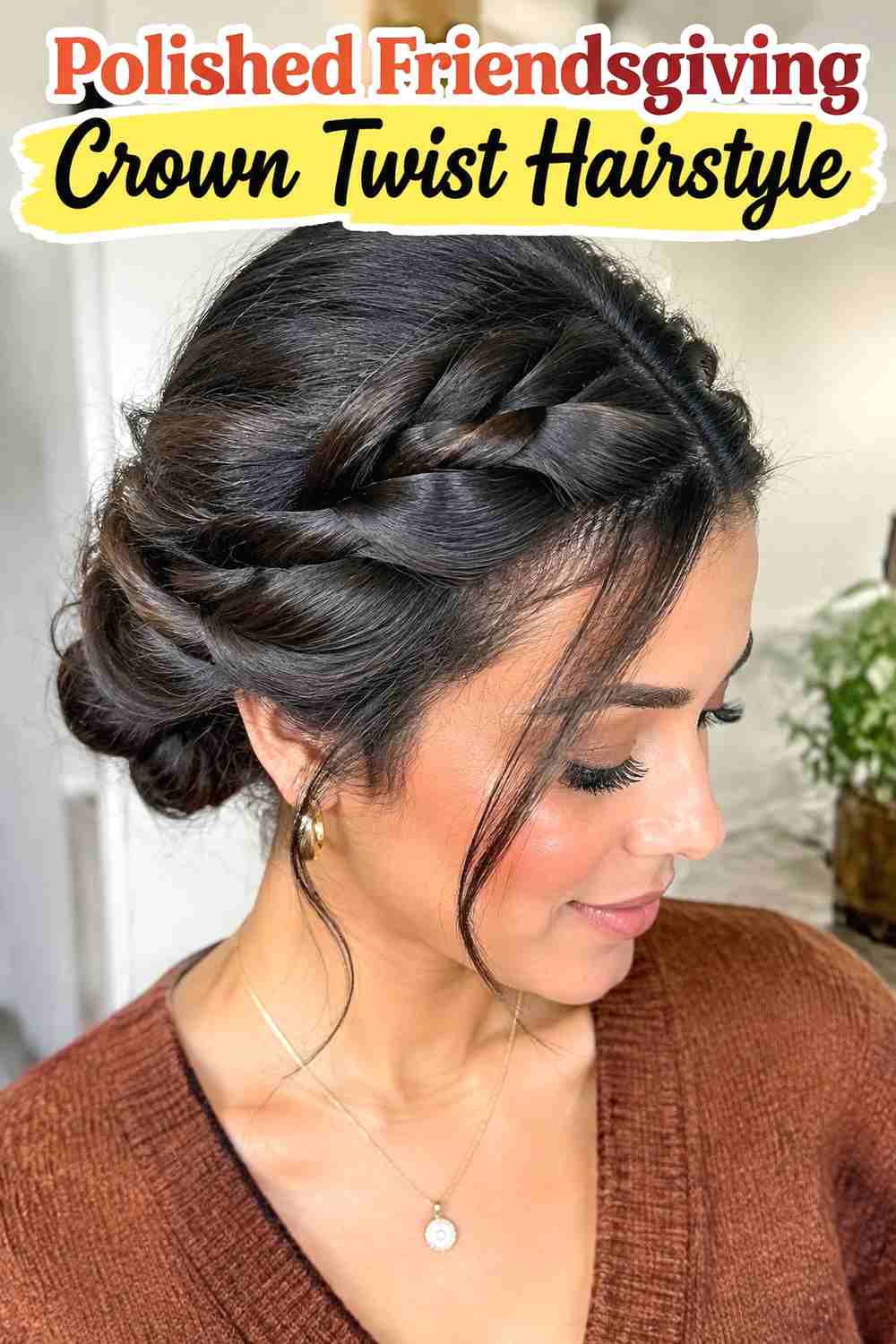 11. Polished Friendsgiving Crown Twist Hairstyle