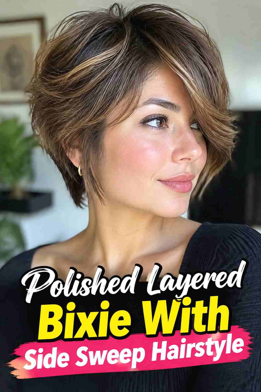 16. Polished Layered Bixie With Side Sweep Hairstyle