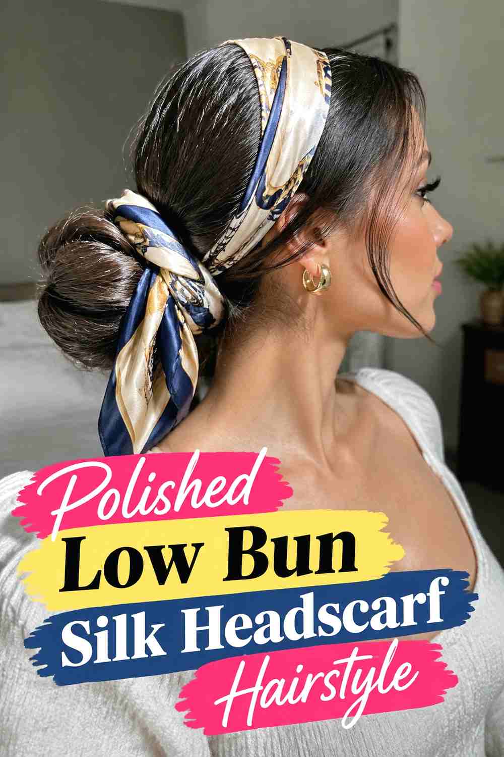 4. Polished Low Bun Silk Headscarf Hairstyle