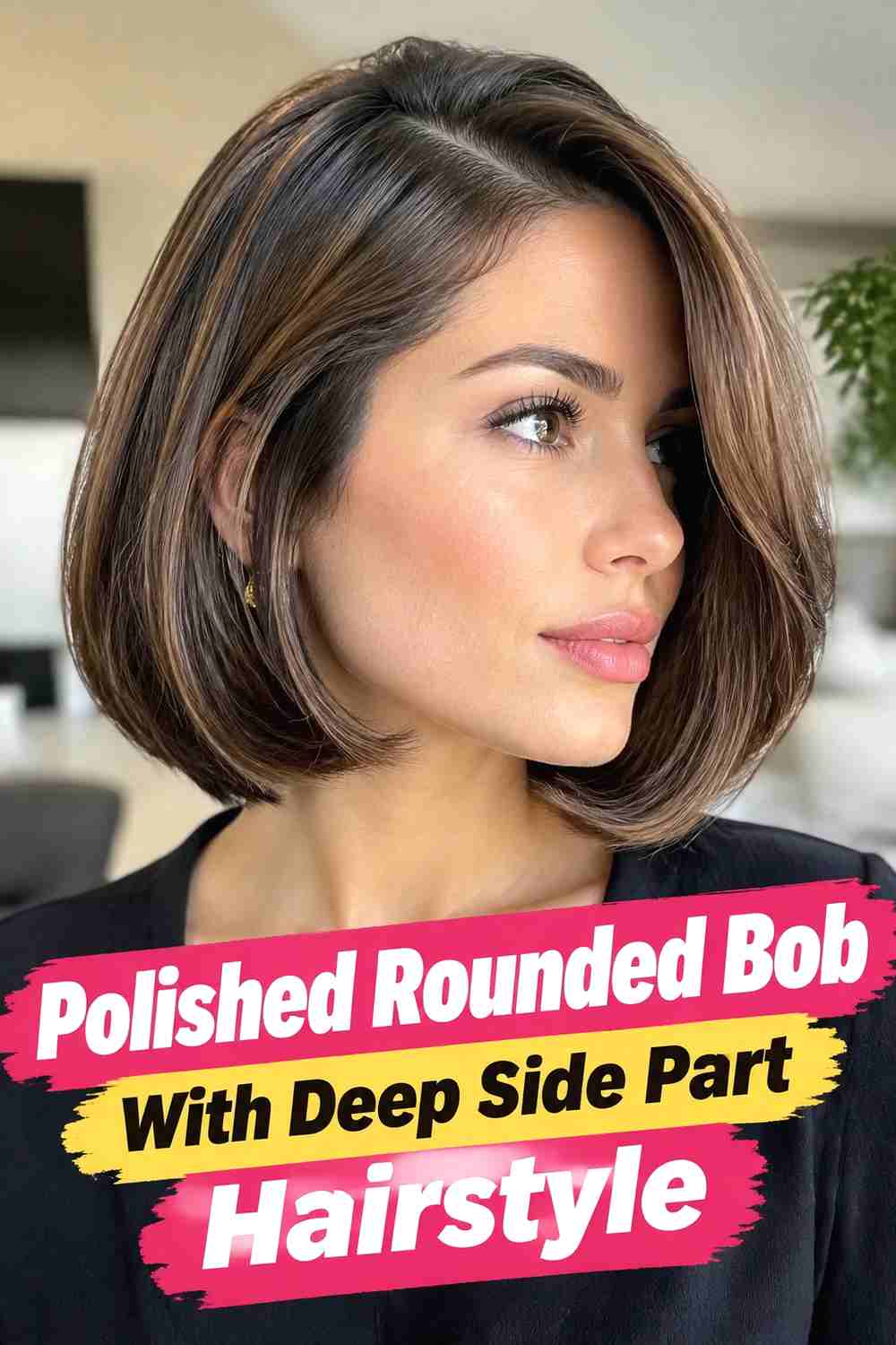 16. Polished Rounded Bob With Deep Side Part Hairstyle